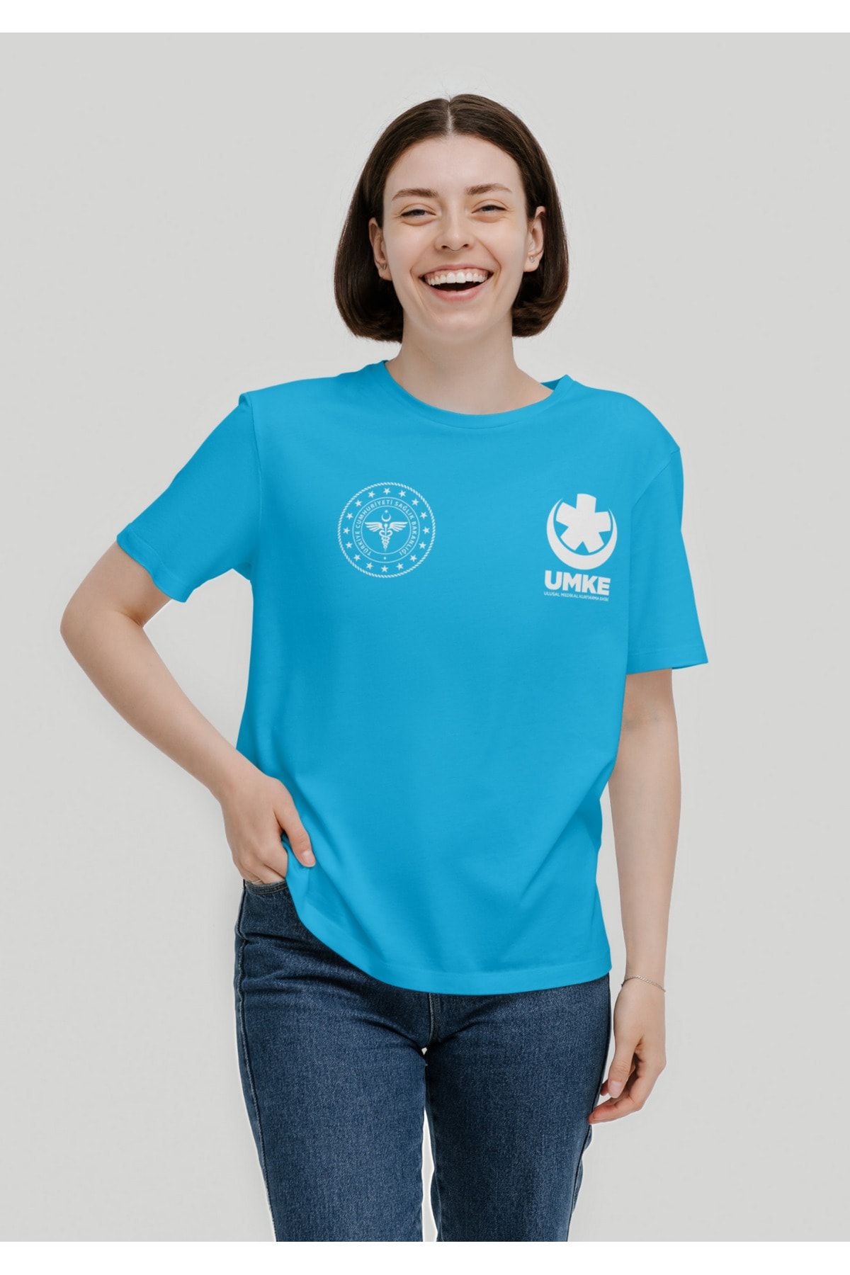 Eva Tekstil Umke T-Shirt Turkuaz Kadın %100 Pamuk Rahat Kalıp Bisiklet Yaka