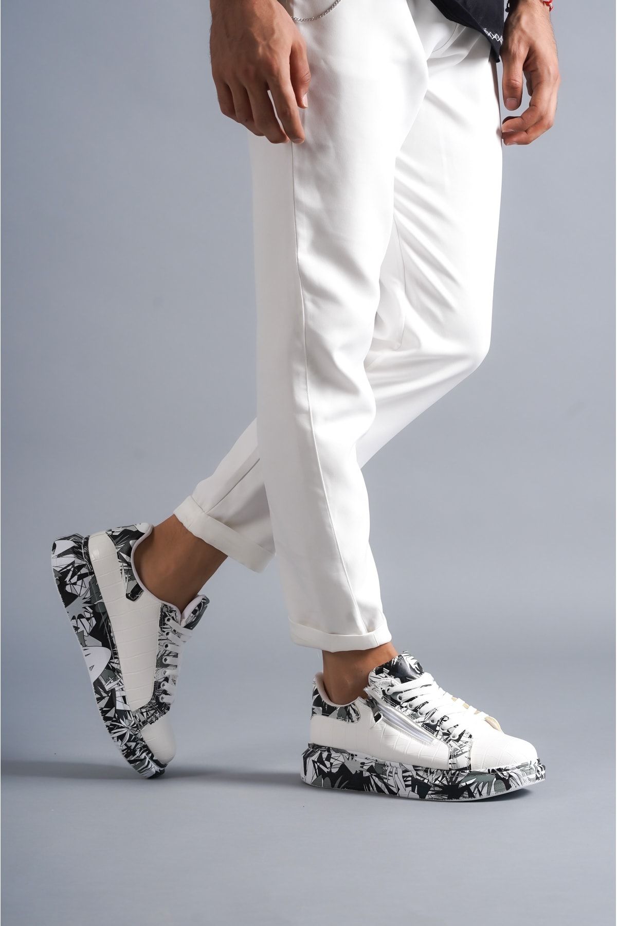 BZ Moda B02 BT Bağcıklı Fermuarlı Timsah Desenli Siyah Baskılı Ortopedik Taban Erkek Sneaker Ayakkabı Beyaz