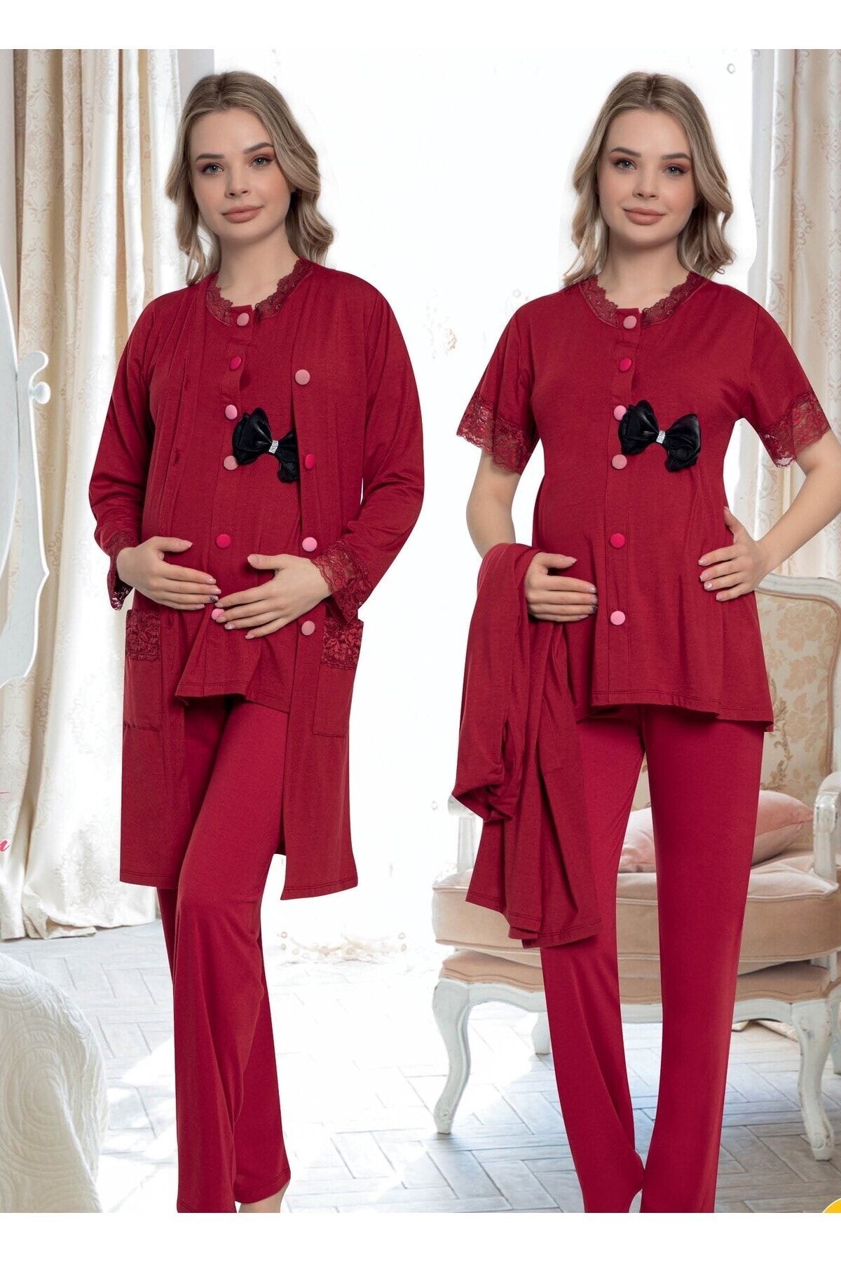 JENİKA Kadın Sabahlıklı 3'lü Hamile Pijama Takım