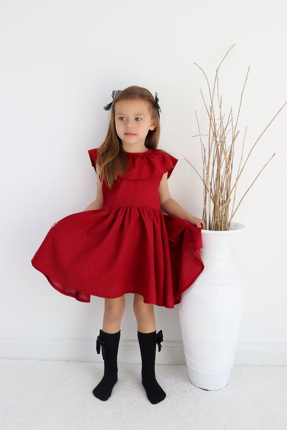 Parla Kids Kız Çocuk Bordo Cherry Fiyonklu Fırfırlı Elbise Toka Takım