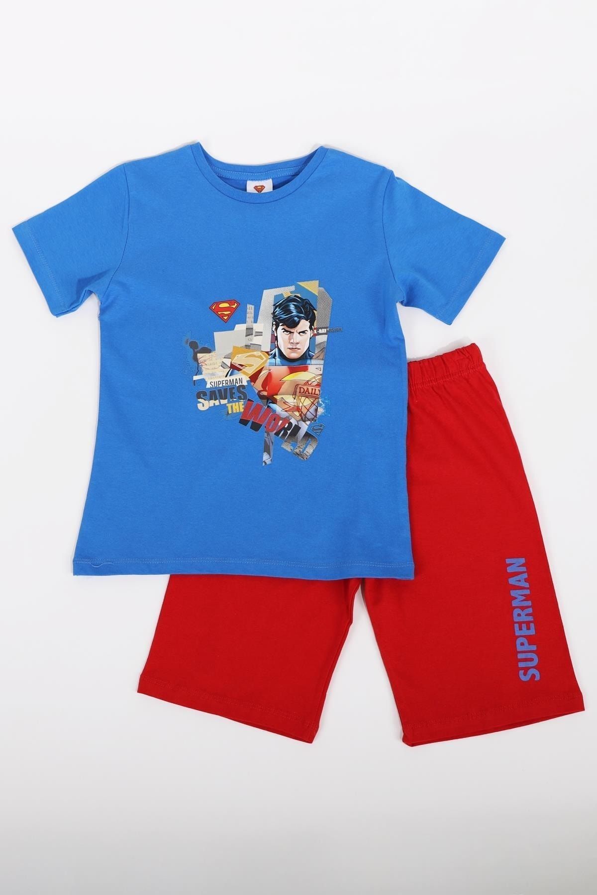 Superman Mavi Erkek Çocuk Baskılı Alt Üst Şortlu Takım