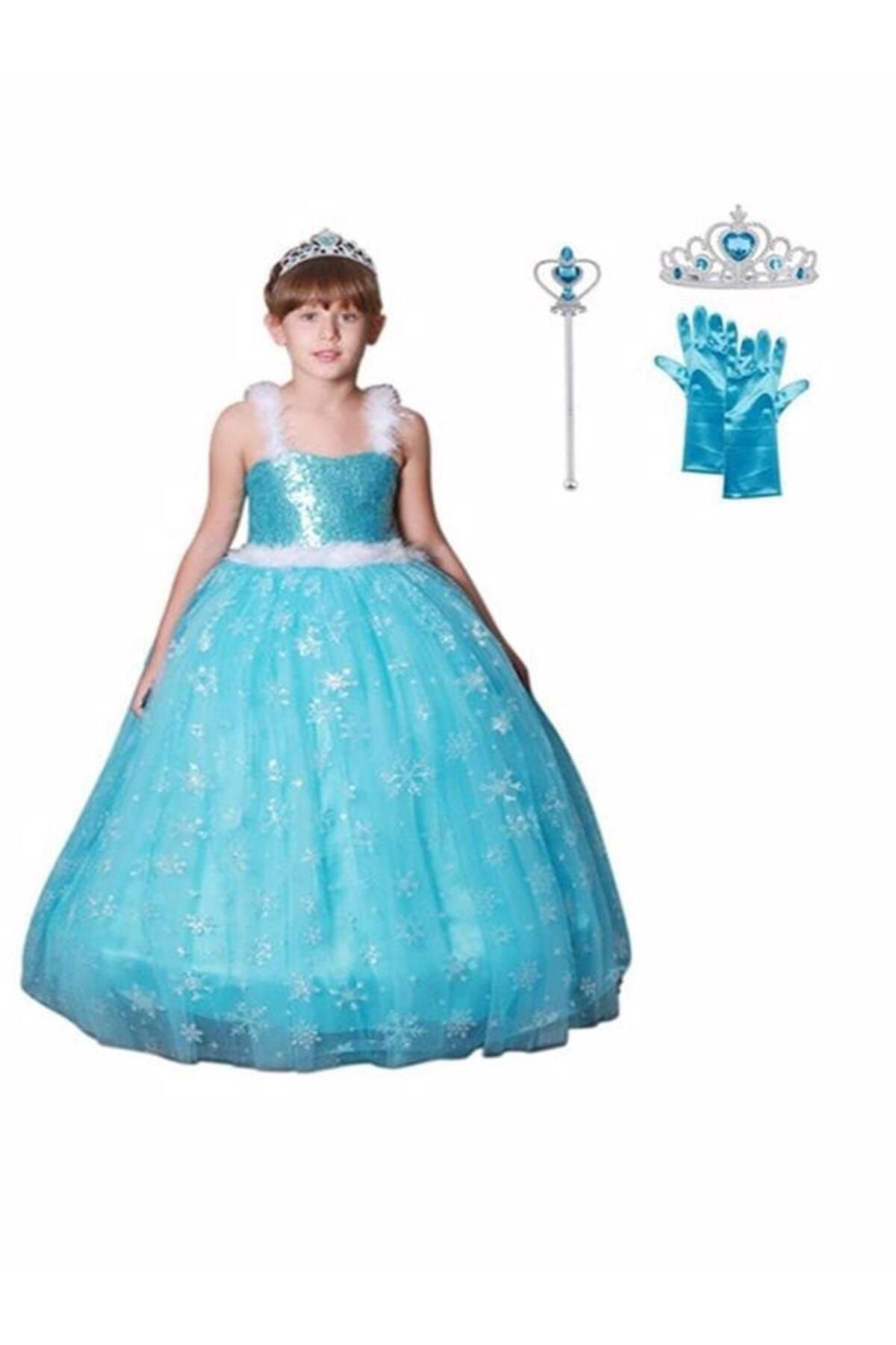 BUTİKHAPPYKİDS Kız Çocuk Prenses Elsa Askılı Kostüm Taç Asa Eldiven Hediyeli 1-12 Yaş