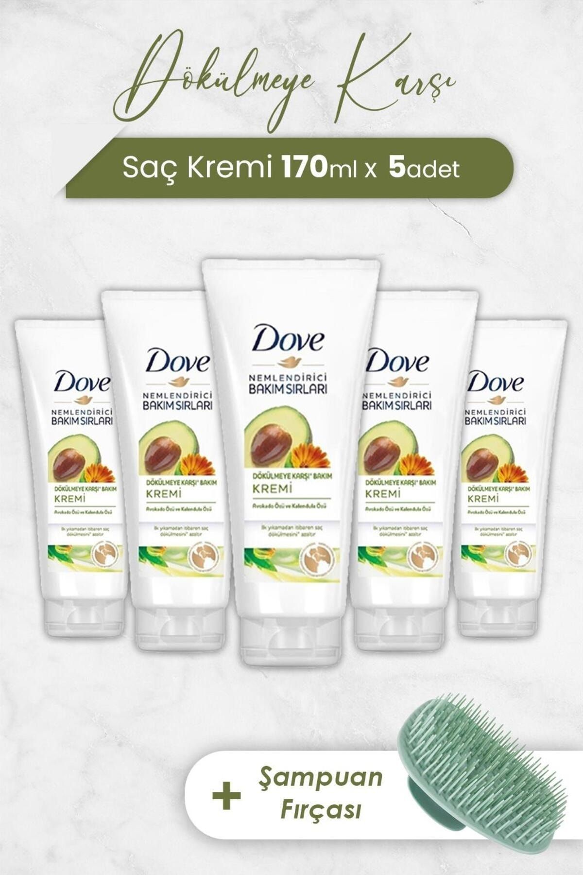 Dove Dökülmeye Karşı Saç Bakım Kremi 170 ml x 5 Adet ve Şampuan Fırçası