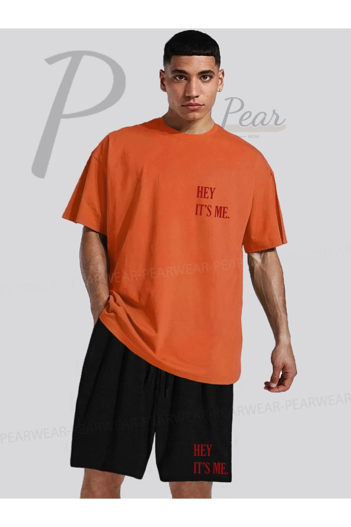Pear Wear Hey Its Me Baskılı Oversize Tişört Regular Fit Şort T-Shirt Şort İkili Takım