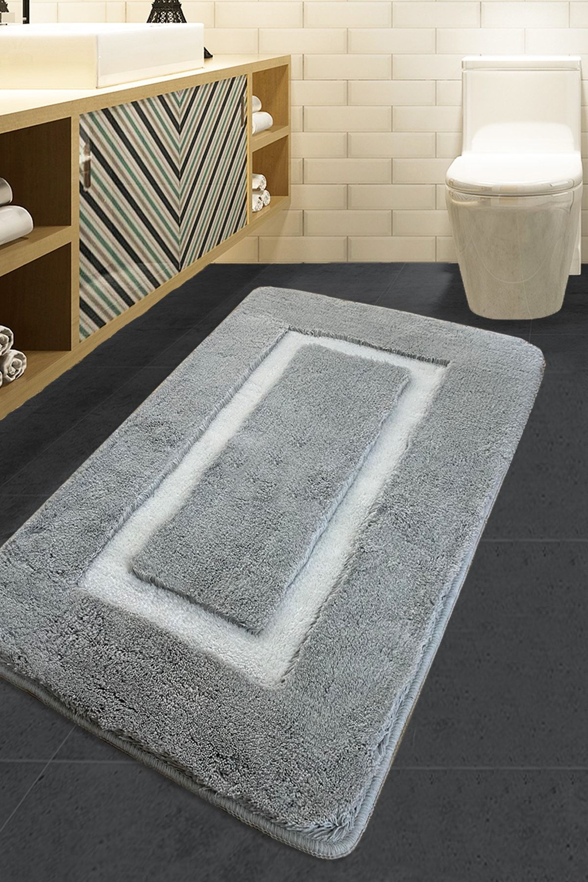 Chilai Home Quadrato Frame Grey 70x120 cm Banyo Halısı Akrilik