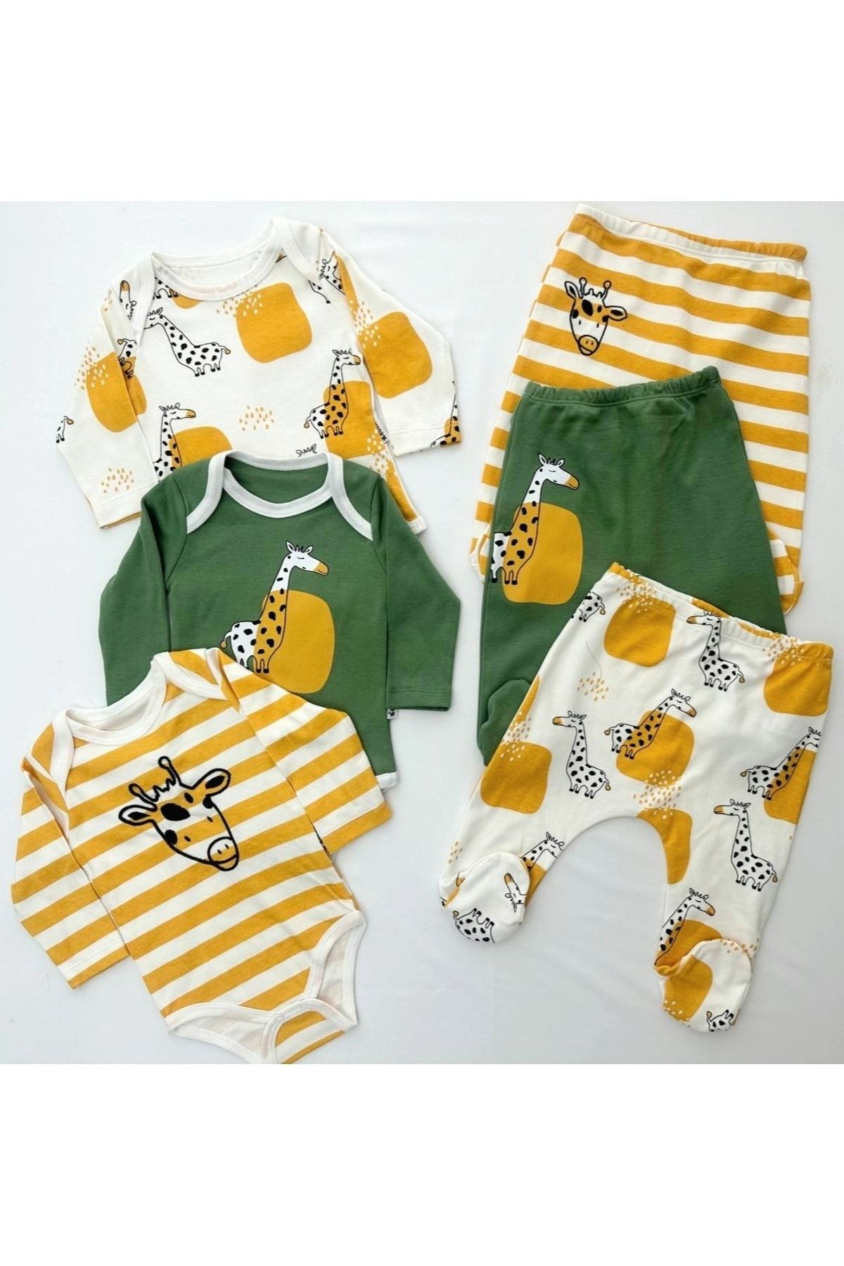 Necix's Necix’s sarı-yeşil zürafa desen erkek bebek kıyafeti 6’lı alt üst takım 3çıtçıtlı zıbın+3patikli alt
