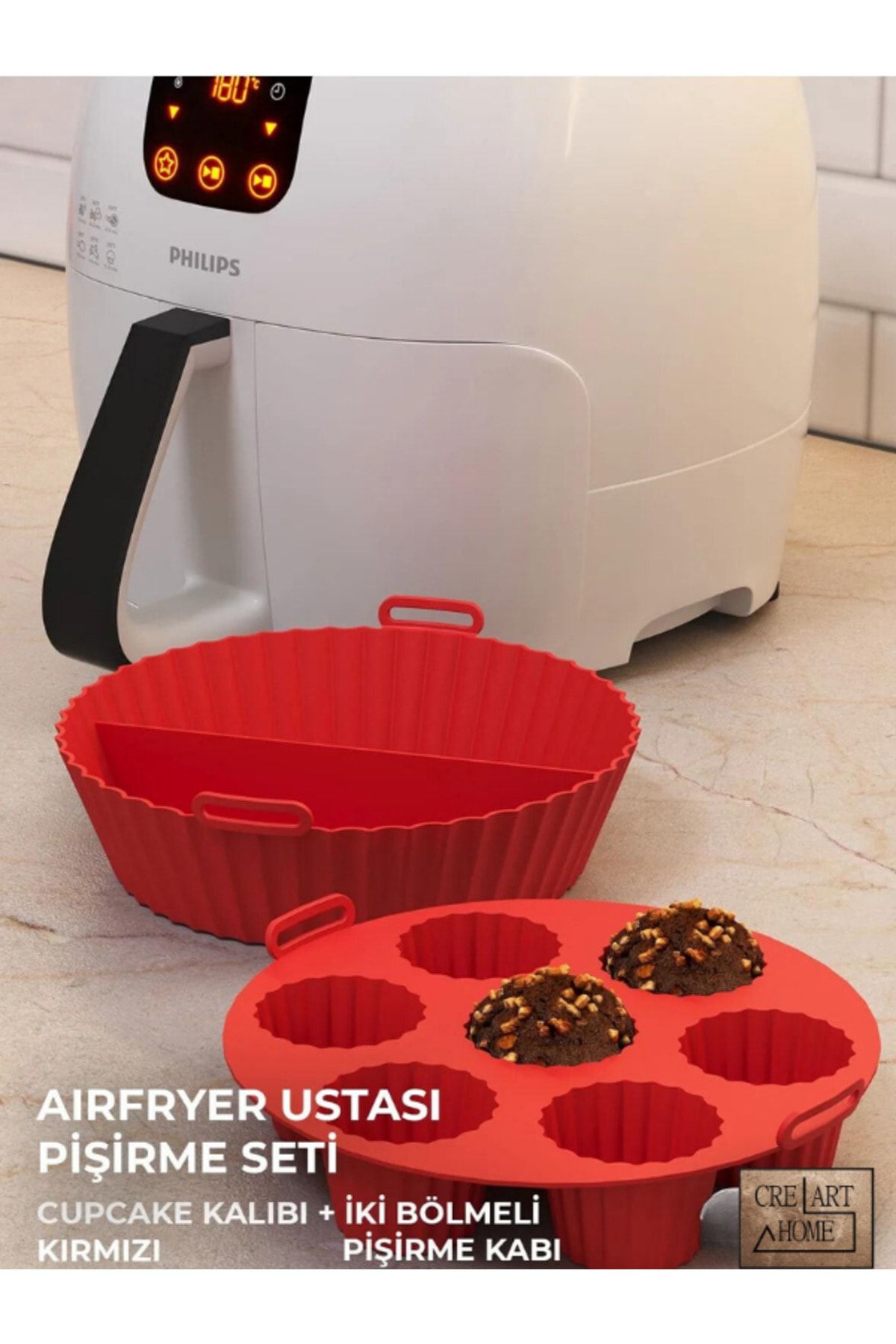 CREARTHOME Airfryer Ustası Pişirme Seti 2'li - Airfryer Pişirme Silikon Kağıdı Aksesuar Kırmızı Renk Bpa Free