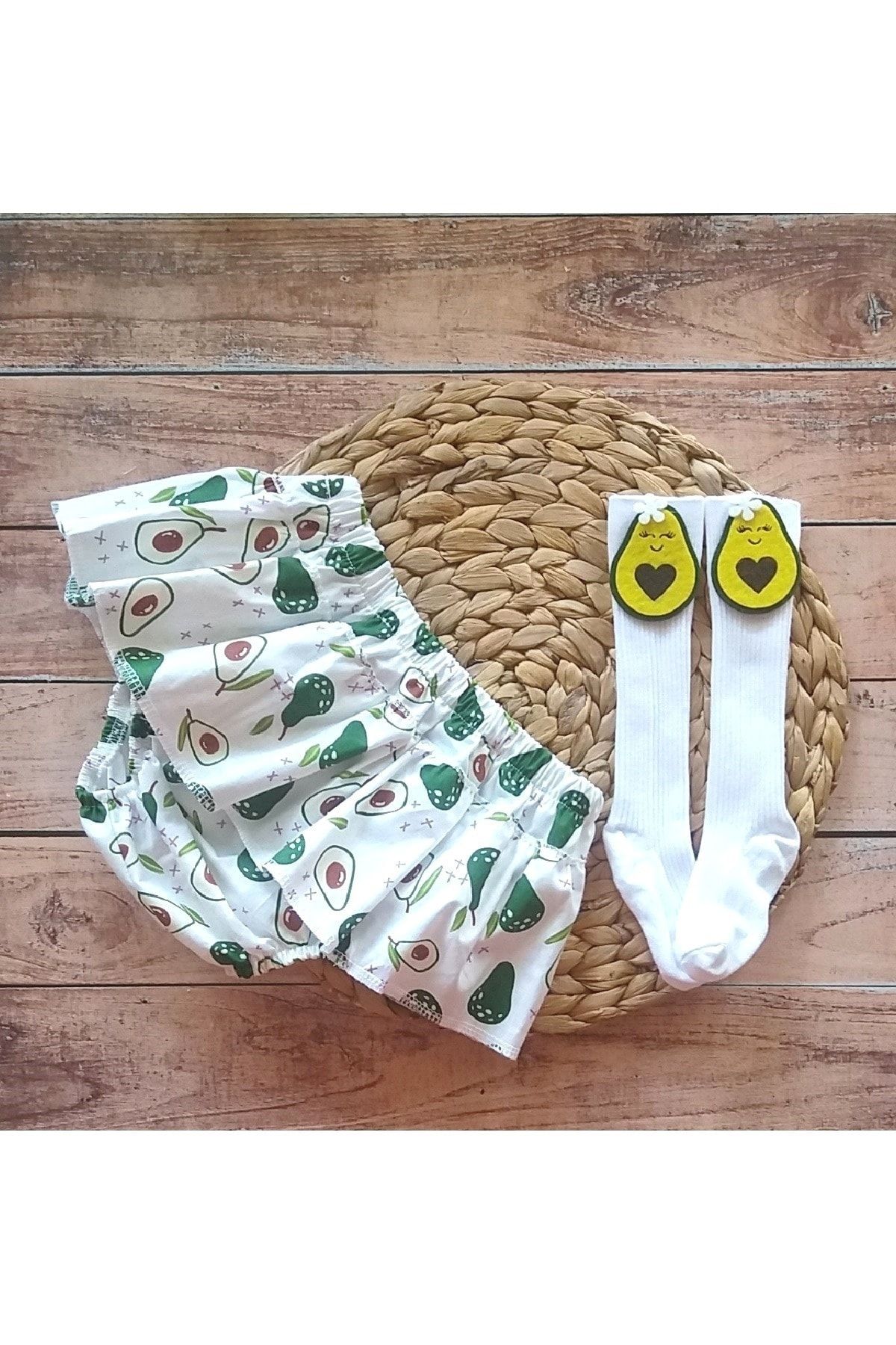 Panowill Design Kız Bebek Fırfırlı Şort Etek ve Çorap Takımı-Avokado Desen