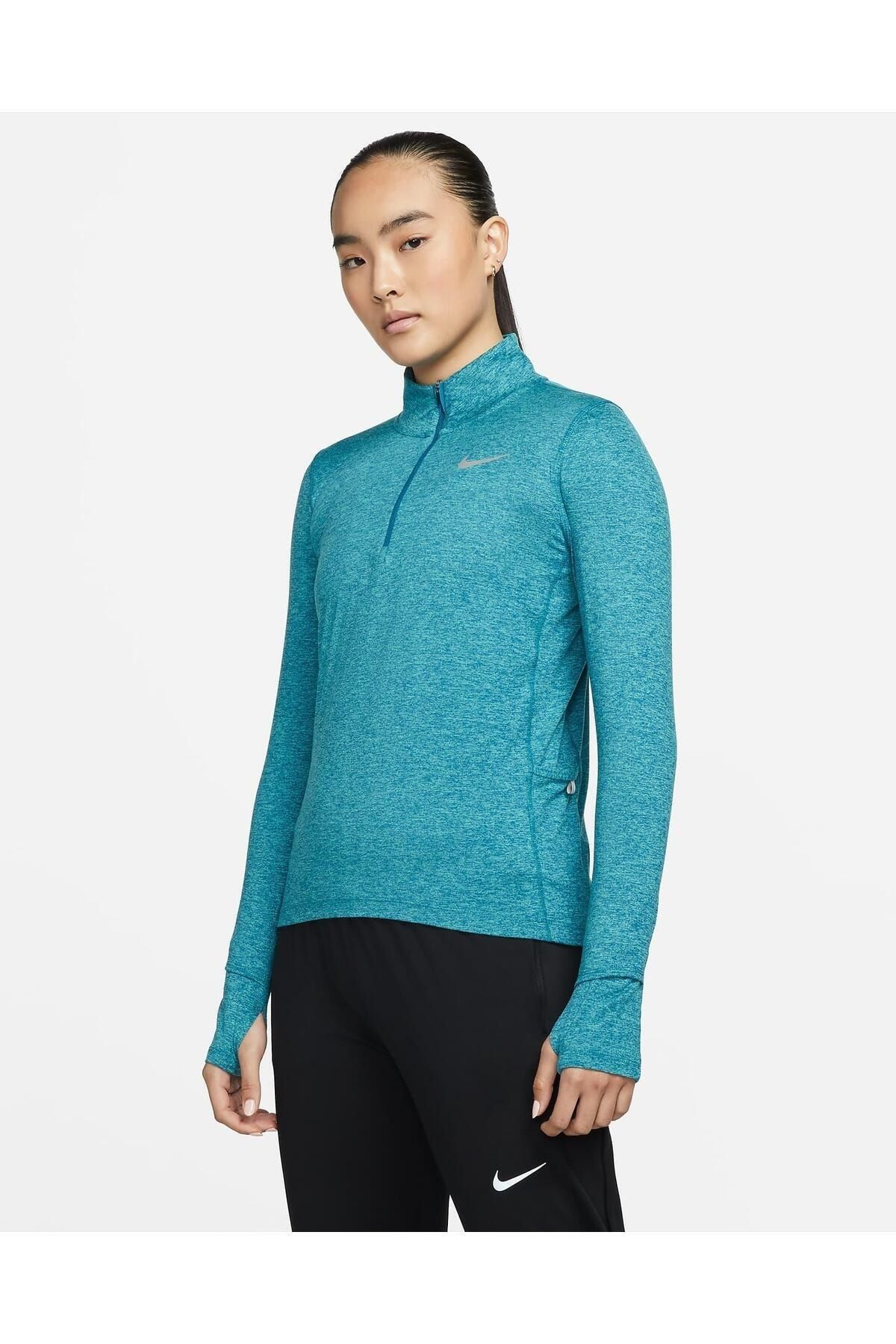 Nike Element Crew Çeyrek Fermuar Kadın Turkuaz Koşu üstü Sweatshirt