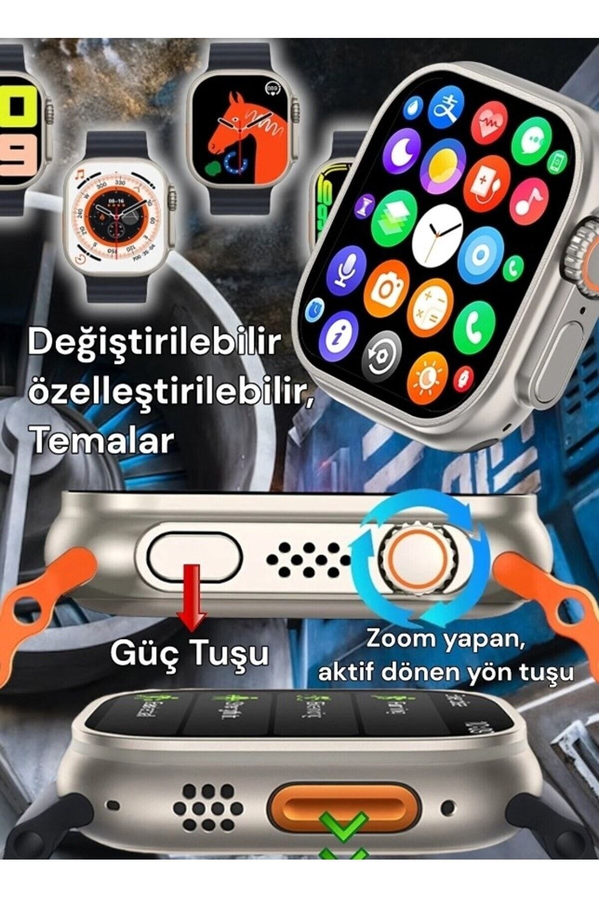 Smart KOPYA - Watch 8 T800 Ultra 49mm 1.99inç Türkçe Tüm Telfonlarla Uyumlu Siyah Kasa Akıllı Saat