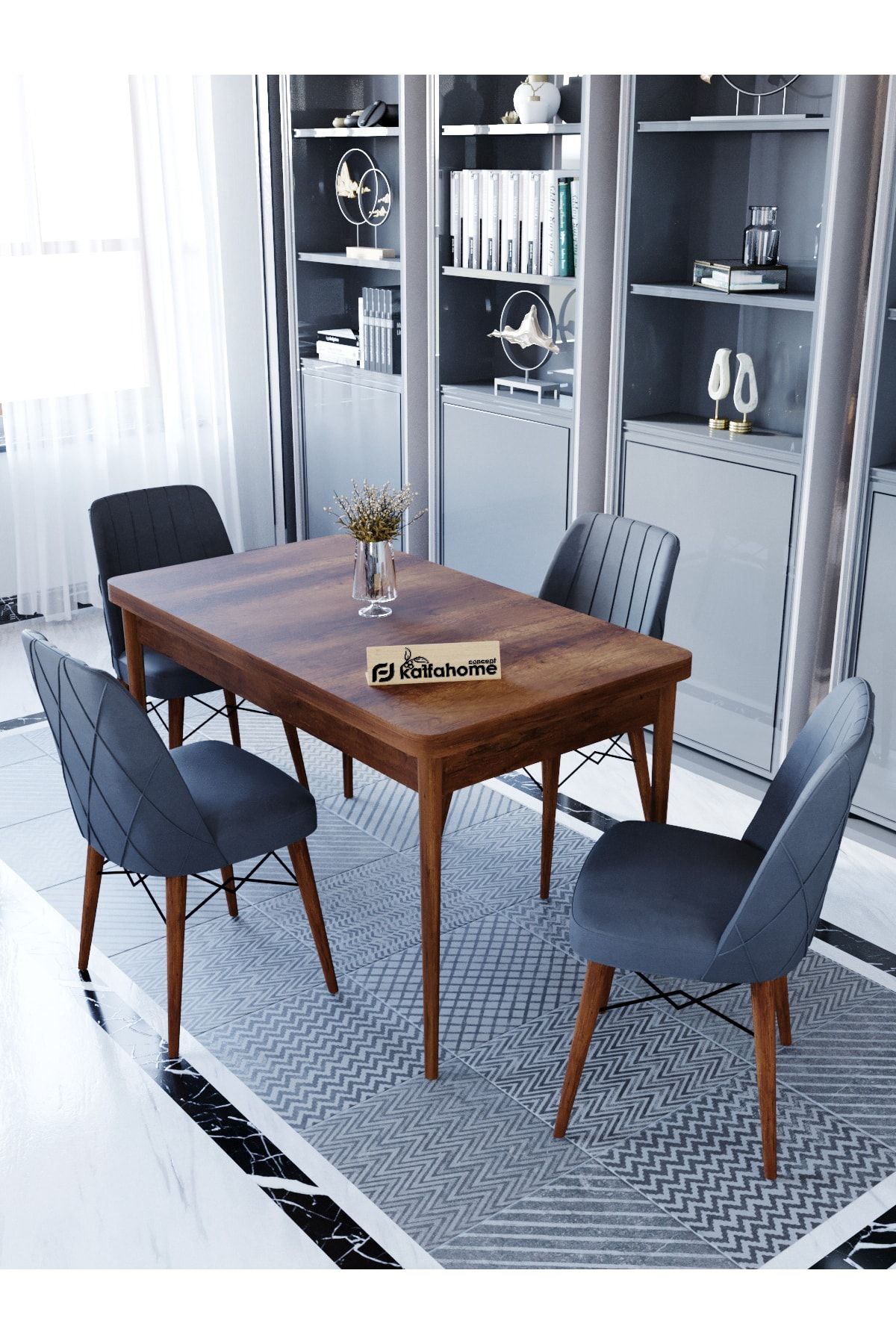 Kaffahome Maxi Barok 70x110 Cm Sabit Mutfak Masası , 4 Kişilik Masa Sandalye Takımı - Antrasit