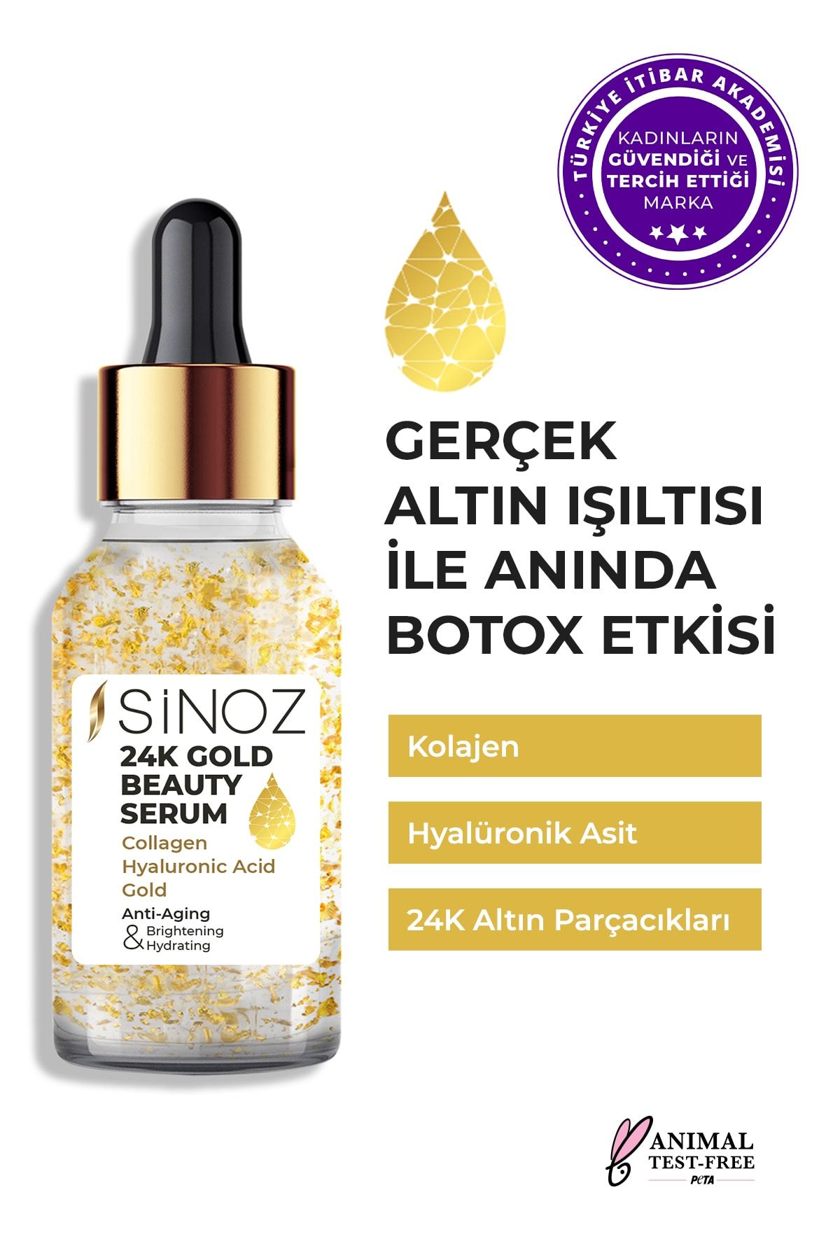Sinoz 24K Altın Parçacıklı Kırışıklık Karşıtı Kolajen Serum 30 ML
