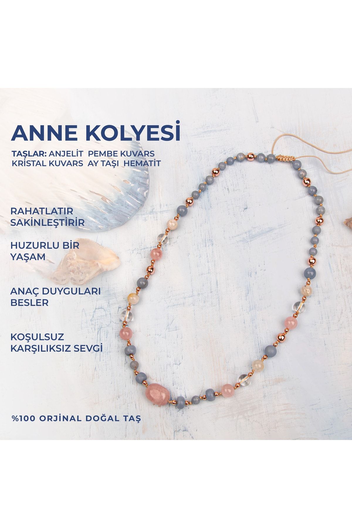 Deniz Doğal Taş Doğal Taşlı Anne Kolyesi Anjelit, Ay Taşı, Pembe Kuvars, Kristal Kuvars, Anneler Günü Hediyesi