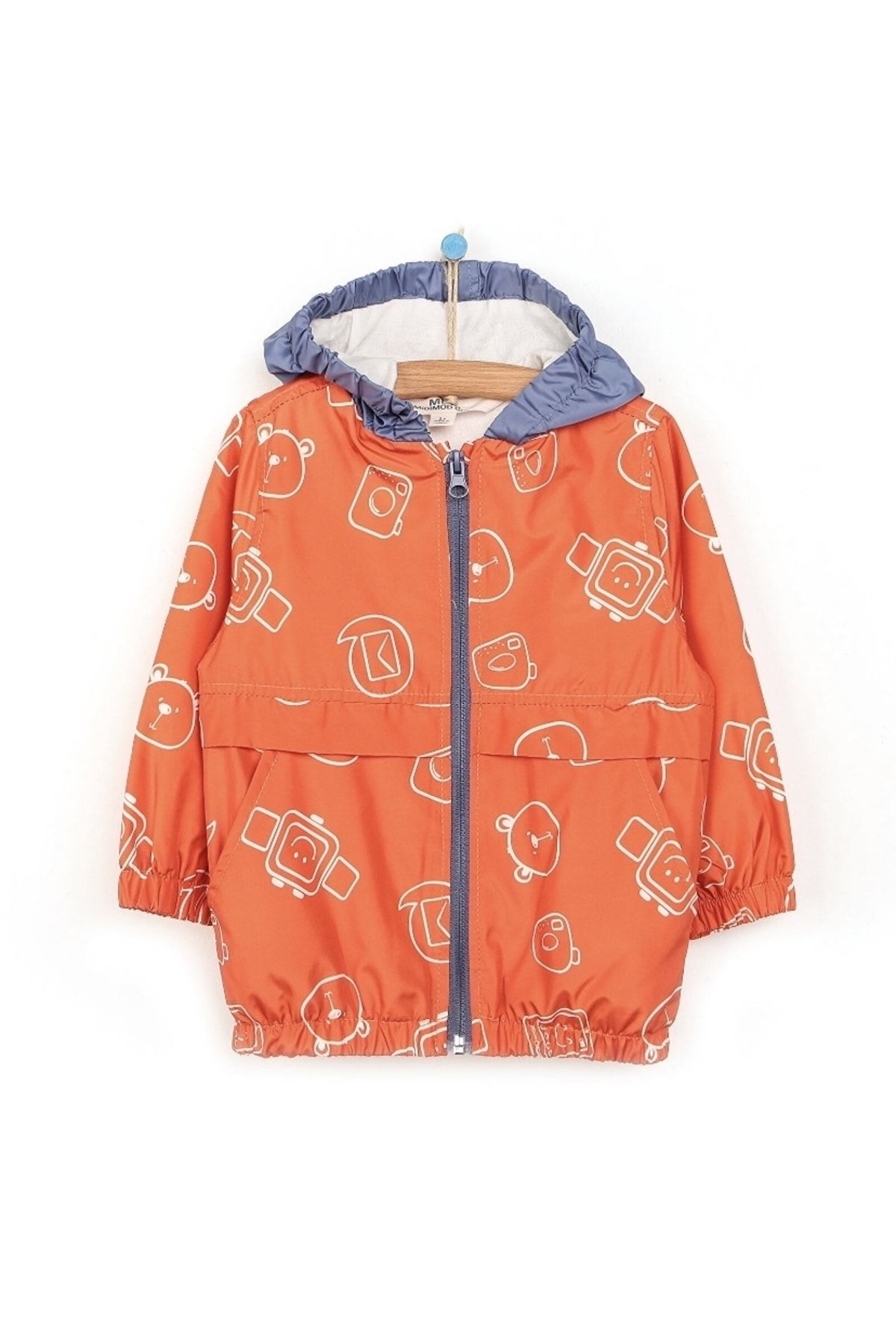 Midimod Basic erkek bebek turuncu desenli kapüşonlu yağmurluk