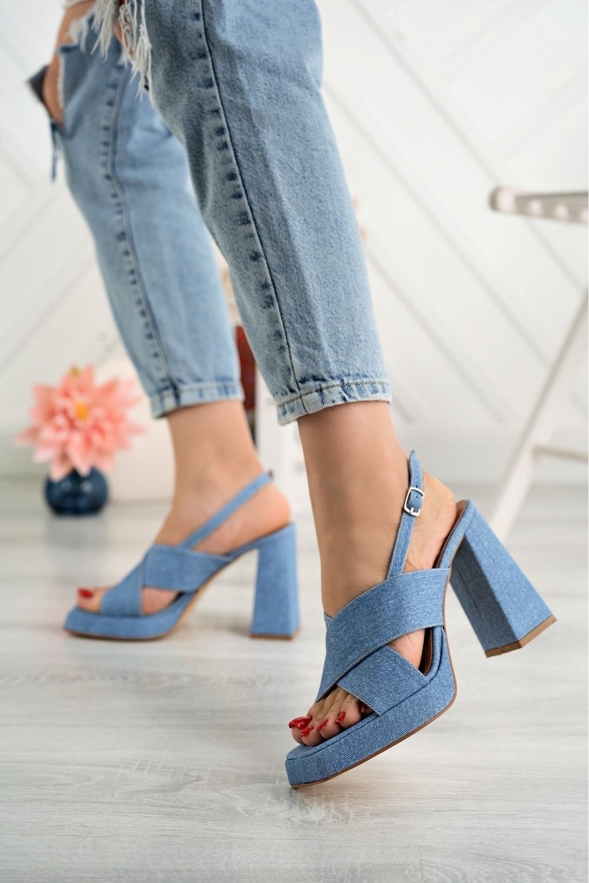 rahad moda Kadın Kot Platform Yüksek Kalın Topuklu Ayakkabı