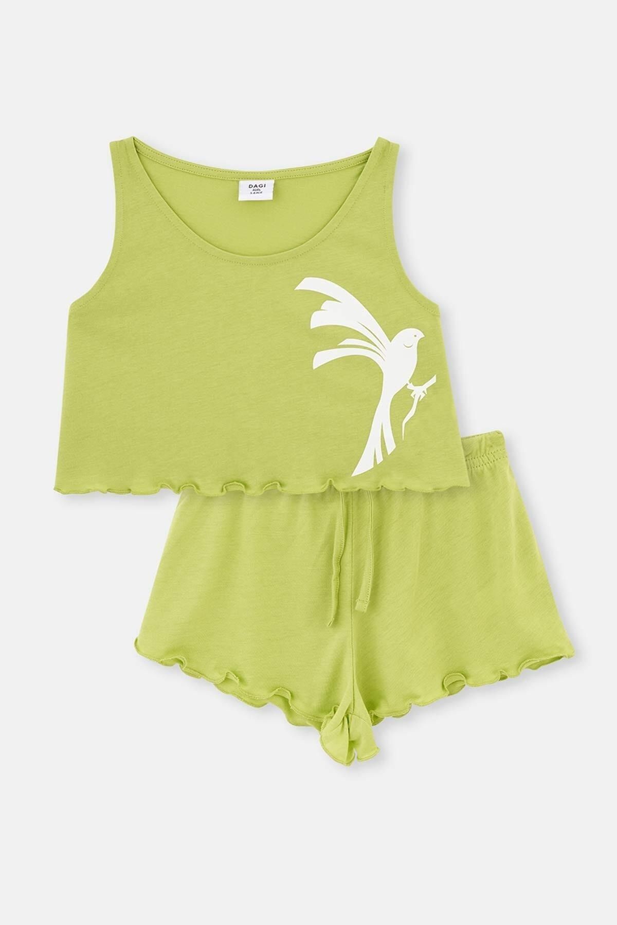 Dagi Yeşil Kuş Desenli Örme Atlet Şort Pijama Takımı