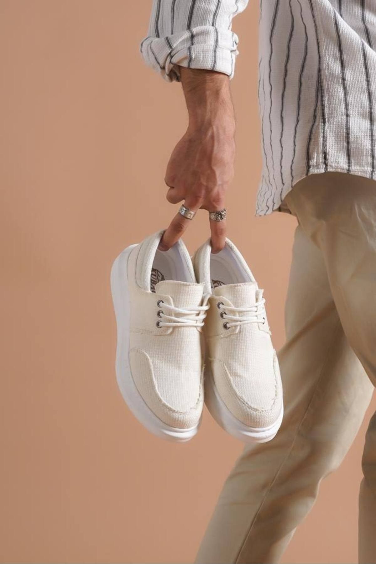 BZ Moda B042 Bt Bağcıklı Ortopedik Taban Keten Erkek Klasik Ayakkabı Beyaz