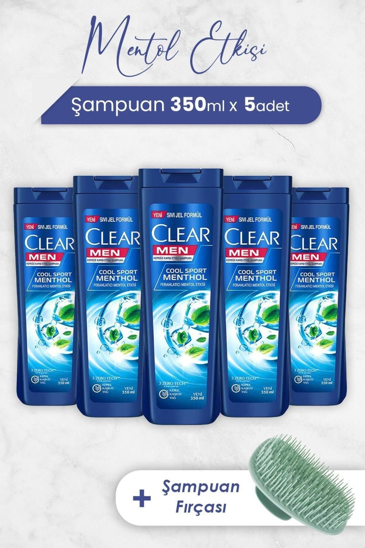Clear Men Şampuan Ferahlatıcı Mentol Etkisi 350 ml x 5 Adet ve Şampuan Fırçası