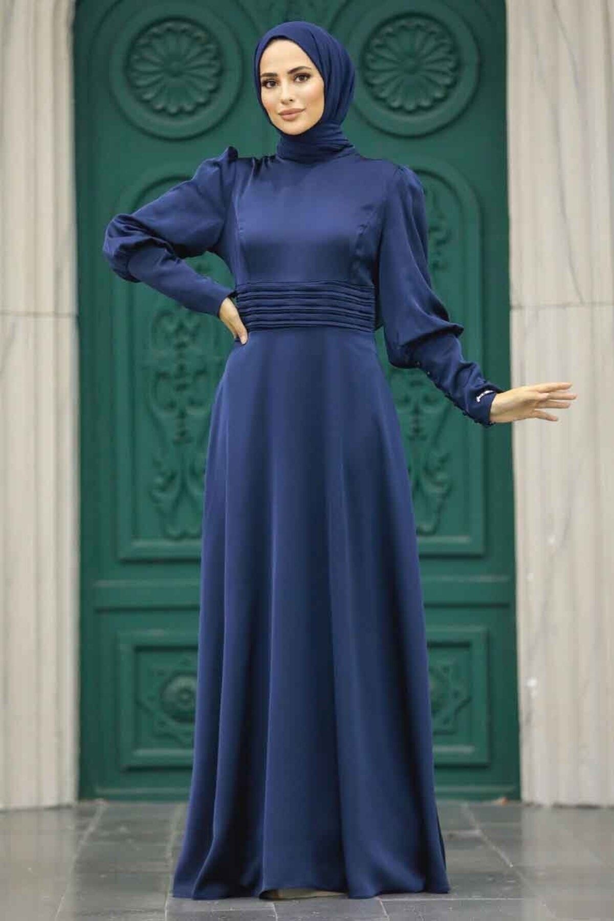 Neva Style Tesettürlü Abiye Elbise - Saten Lacivert Tesettür Abiye Elbise 4171L