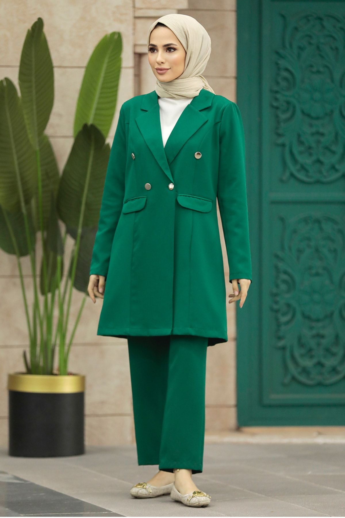 Neva Style - Blazer Ceketli Yeşil Tesettür İkili Takım 5851Y