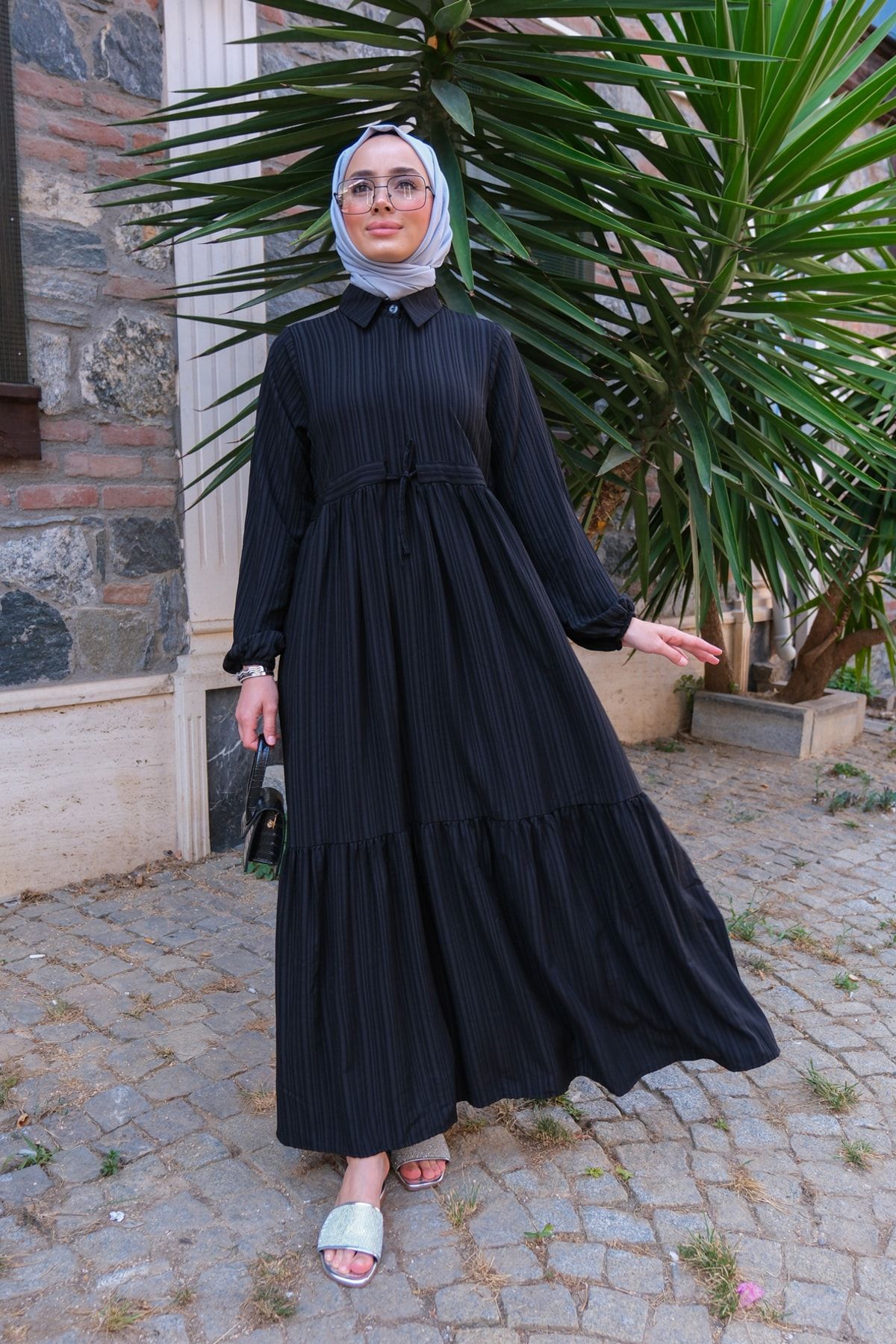 LOCCO Kadın Bel Büzgülü Tesettür Elbise Siyah