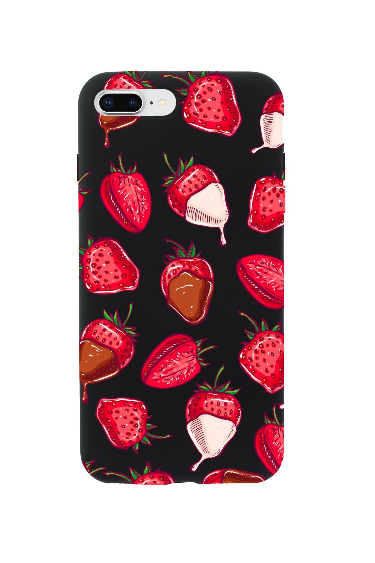 mooodcase Iphone 8 Plus Uyumlu Çikolatalı Çilekler Premium Siyah Lansman Silikonlu Kılıf