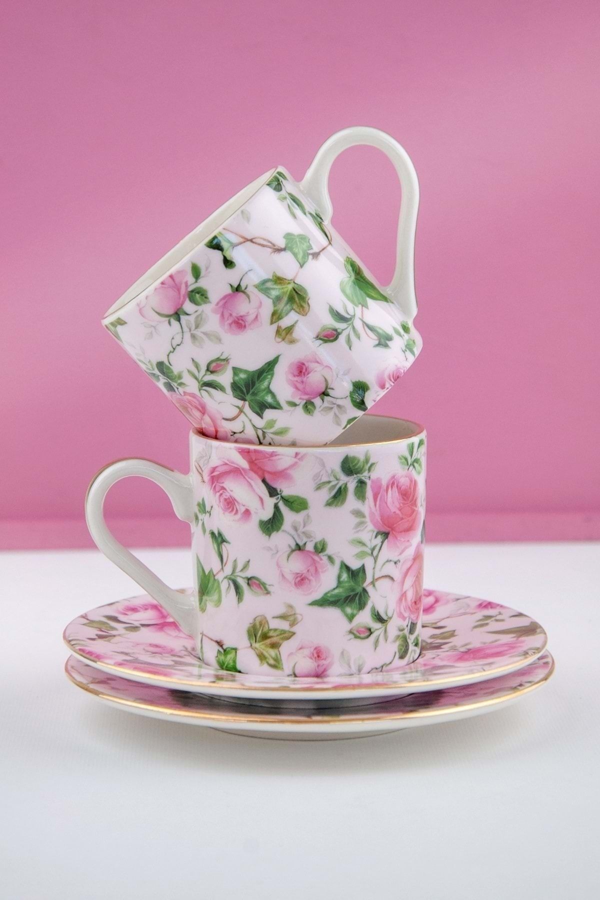 Bursa Porselen Dekor Pink Ivy rose altın yaldızlı iki kişilik kahve fincan takımı