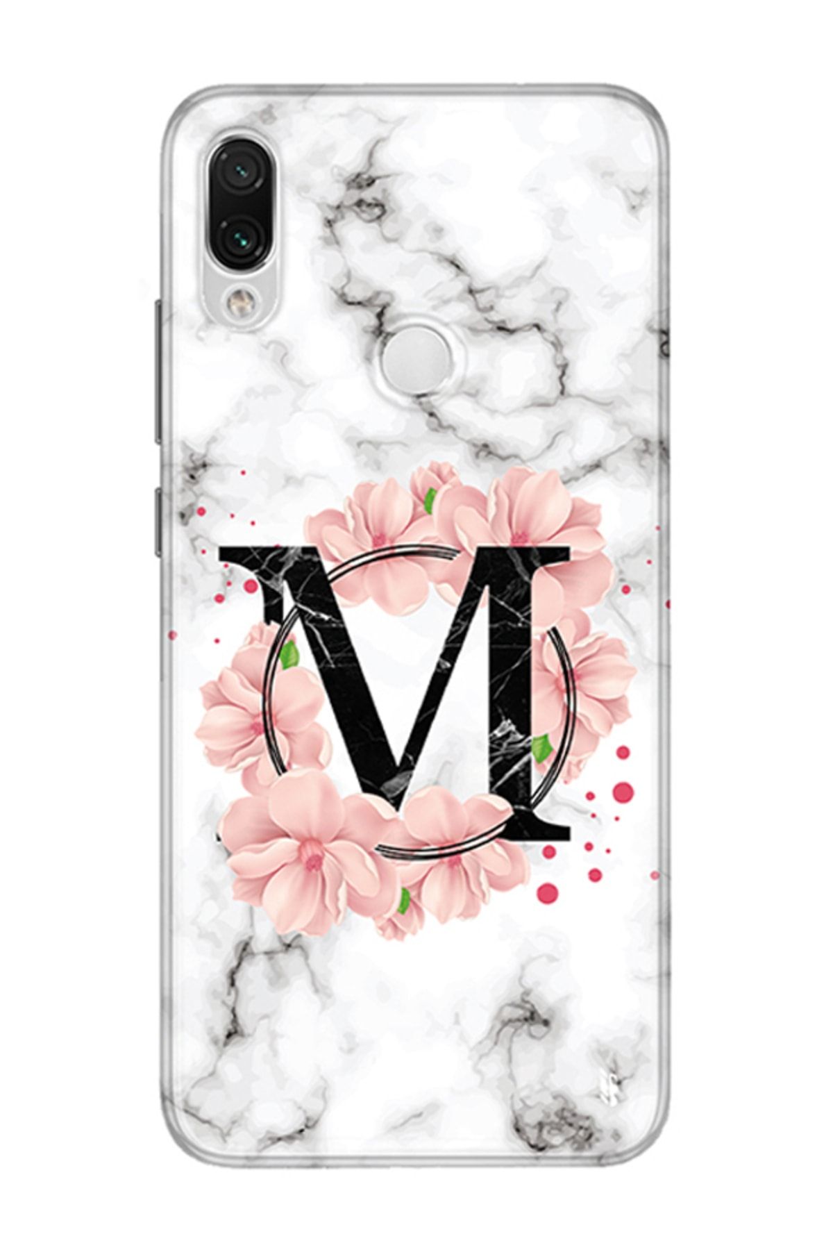 Escover Aksesuar Samsung Galaxy A30 Mermer Ve Çiçek Desenli M Harfli Silikon Telefon Kılıfı