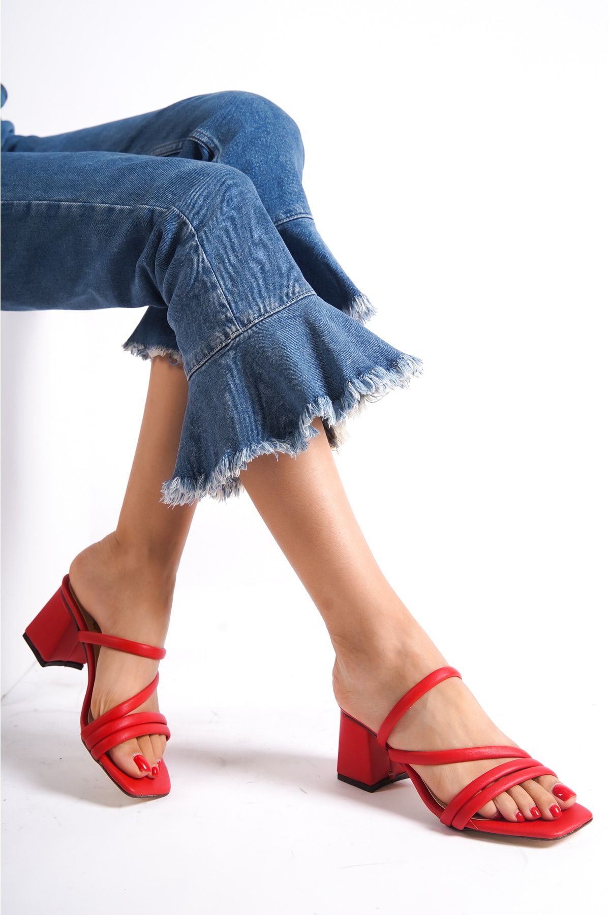 Weynes Kadın Kırmızı Topuklu Terlik Sandalet Ba20888