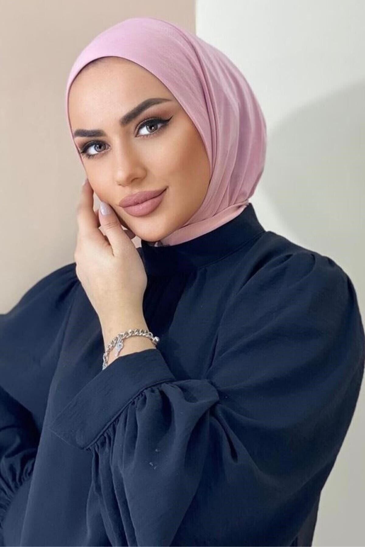 Organic Scarfs Hijabchi Kadın Tesettür Pudra Pembe Çıtçıtlı Boyunluk Hijap Bone Model Eşarp Şal
