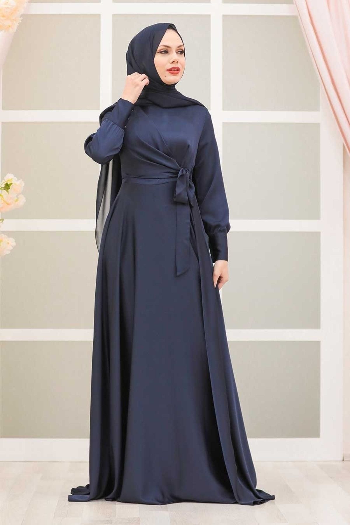 Neva Style Tesettürlü Abiye Elbise - Krep Saten Lacivert Tesettür Abiye Elbise 1420l
