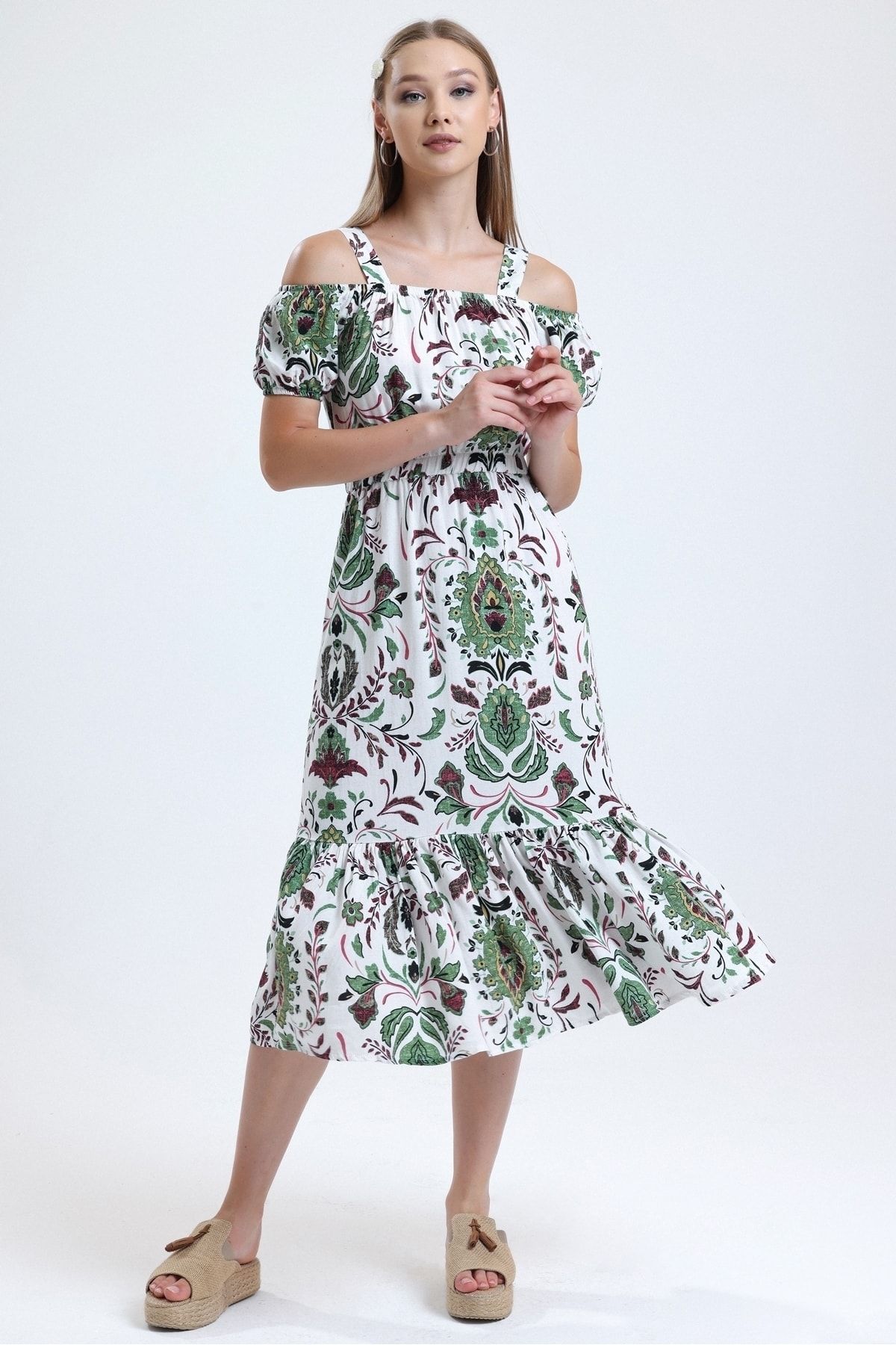 MD trend Kadın Yeşil Askılı Omuz Dekolteli Bel Büzgülü Desenli Yazlık Keten Elbise