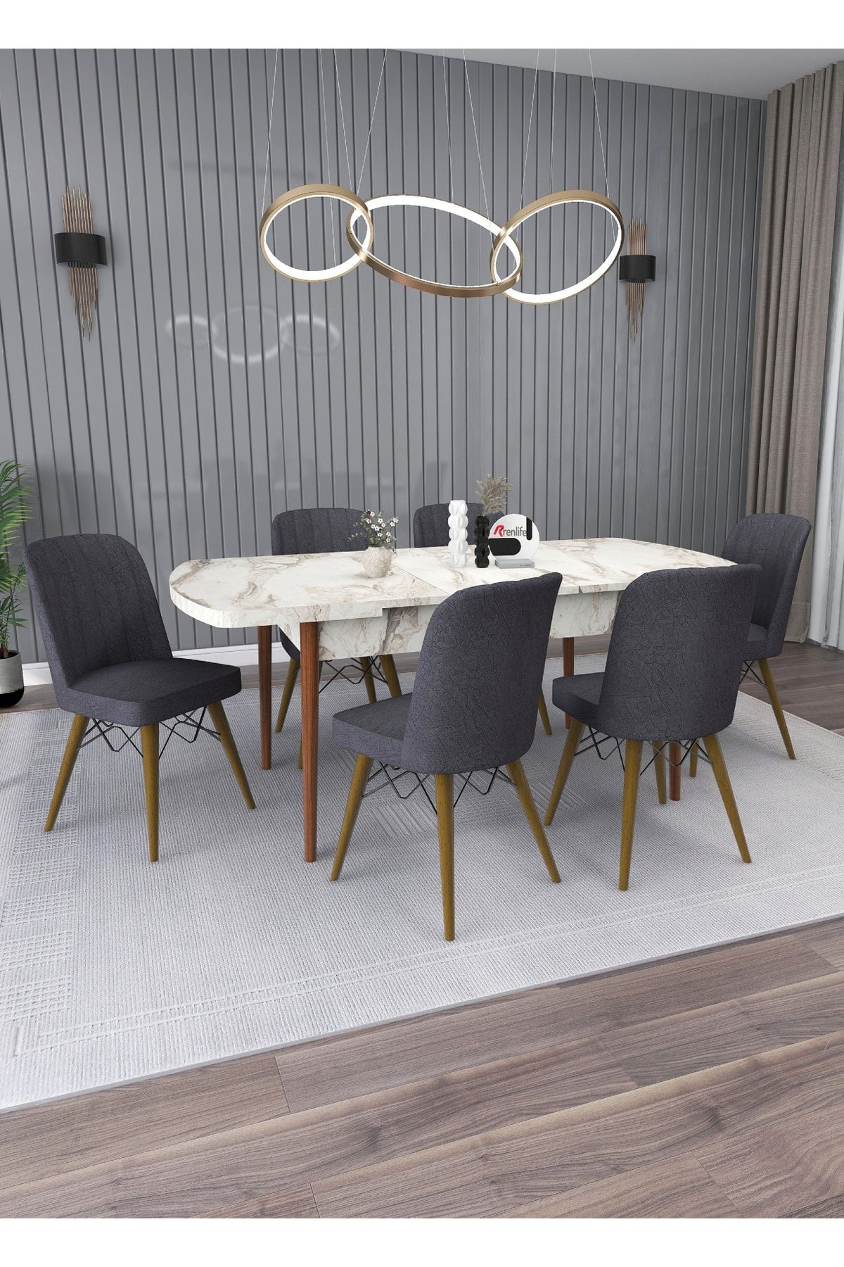 Renlife Yemek Masası Masa Sandalye Takımı Salon Masası Açılabilir 6 Kişilik (EFES-KOYU GRİ SANDALYE)