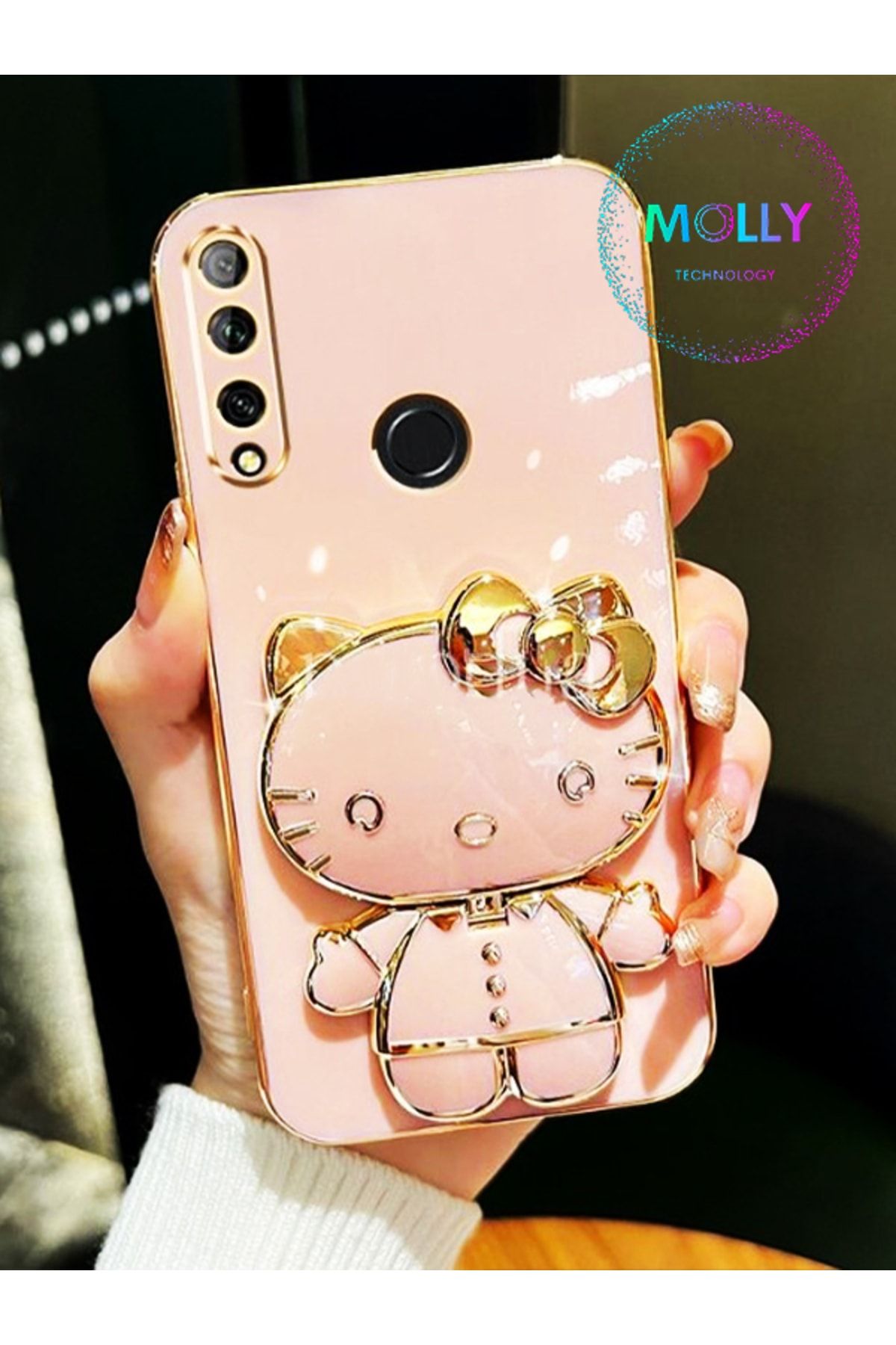 Molly Technology Huawei Y9 Prime 2019 İçin Rose Hello Kitty Standlı Kenarları Gold Detaylı Lüks Silikon Kılıf