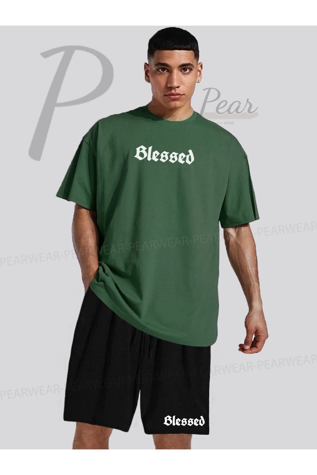 Pear Wear Blessed Baskılı Oversize Tişört Regular Fit Şort T-Shirt İkili Takım