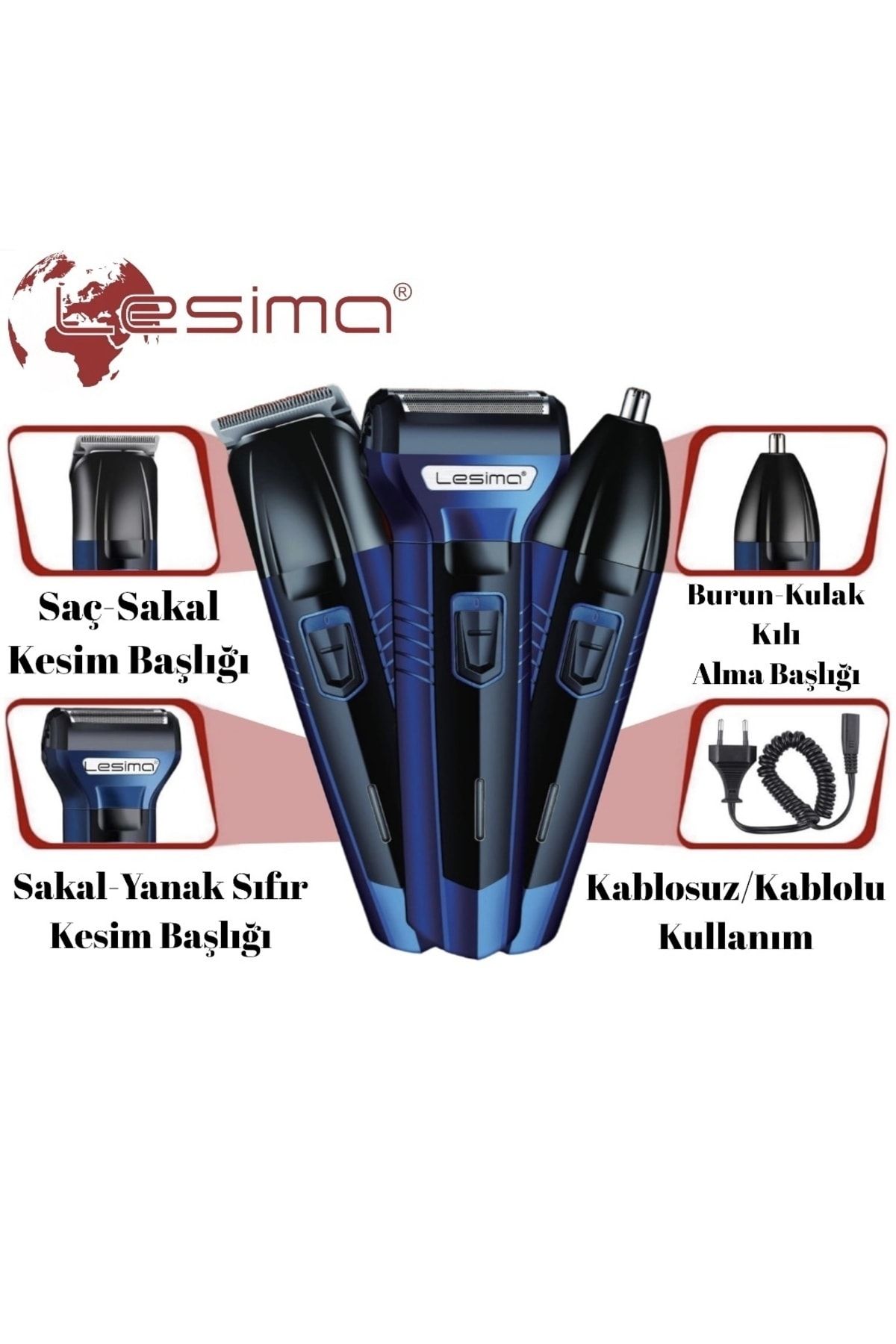 Lesima 3 Başlıklı Saç Sakal Yanak Burun Ense Tıraş Makinesi Traş Bakım Set