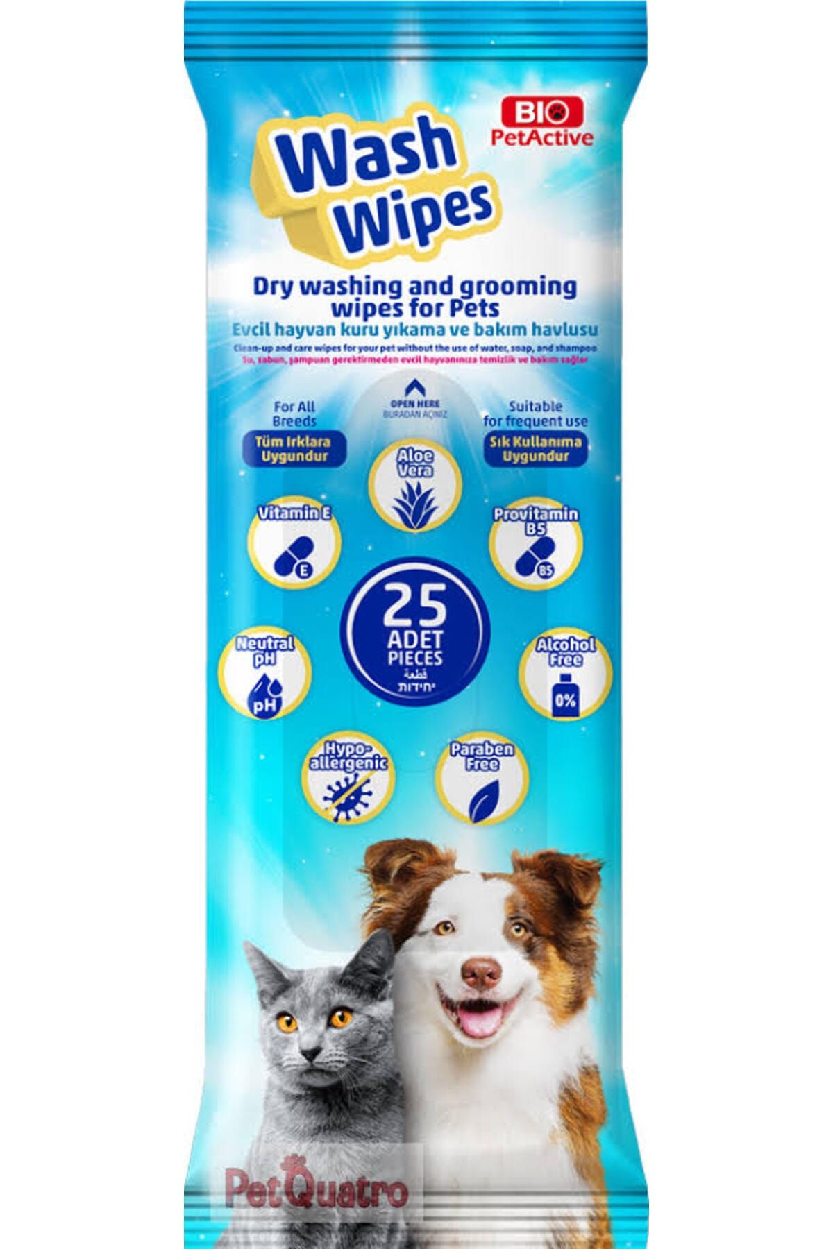 Bio Pet Active Wash Wipes Kedi Köpek Kuru Yıkama Bakım Havlusu (25 Adet)