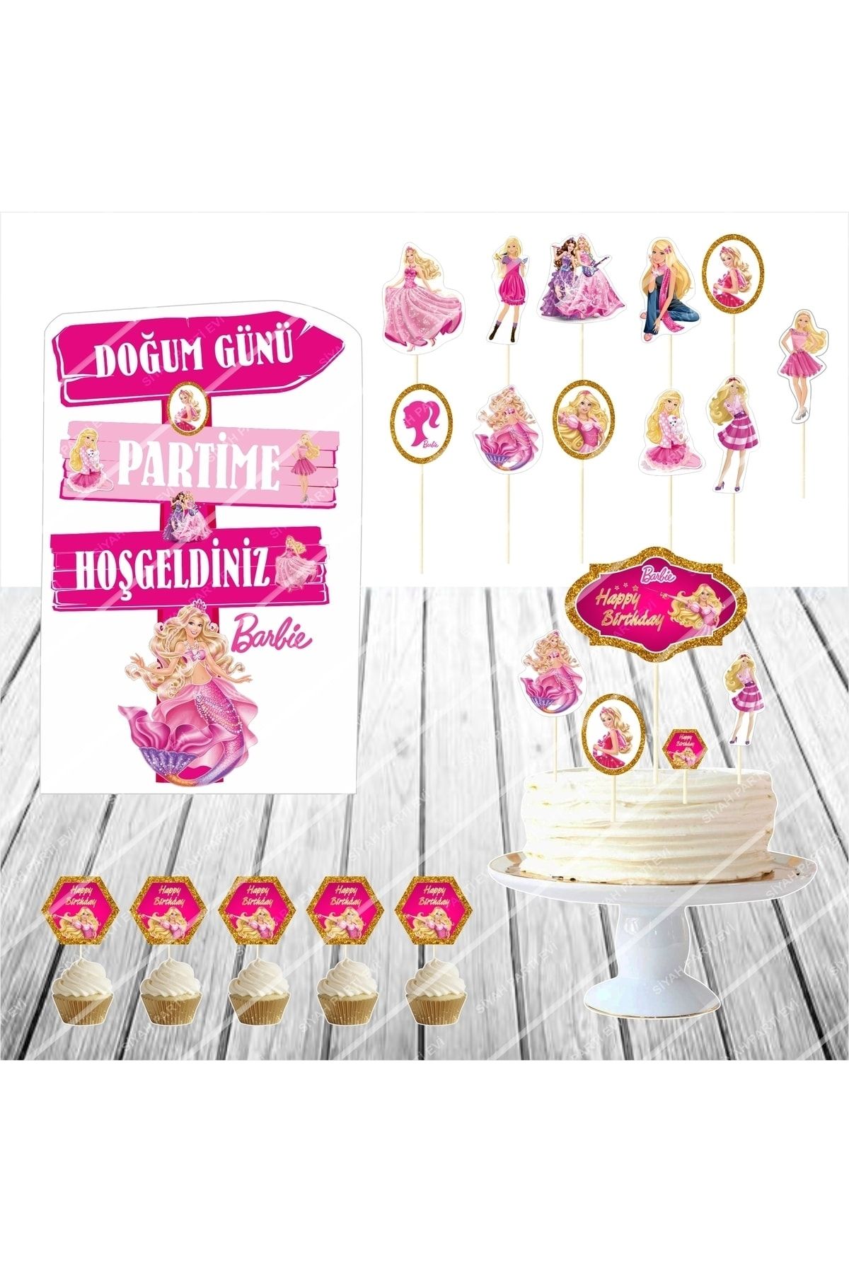 SİYAH PARTİ EVİ Barbie Doğum Günü Masa Maketi Pasta Süsü Seti