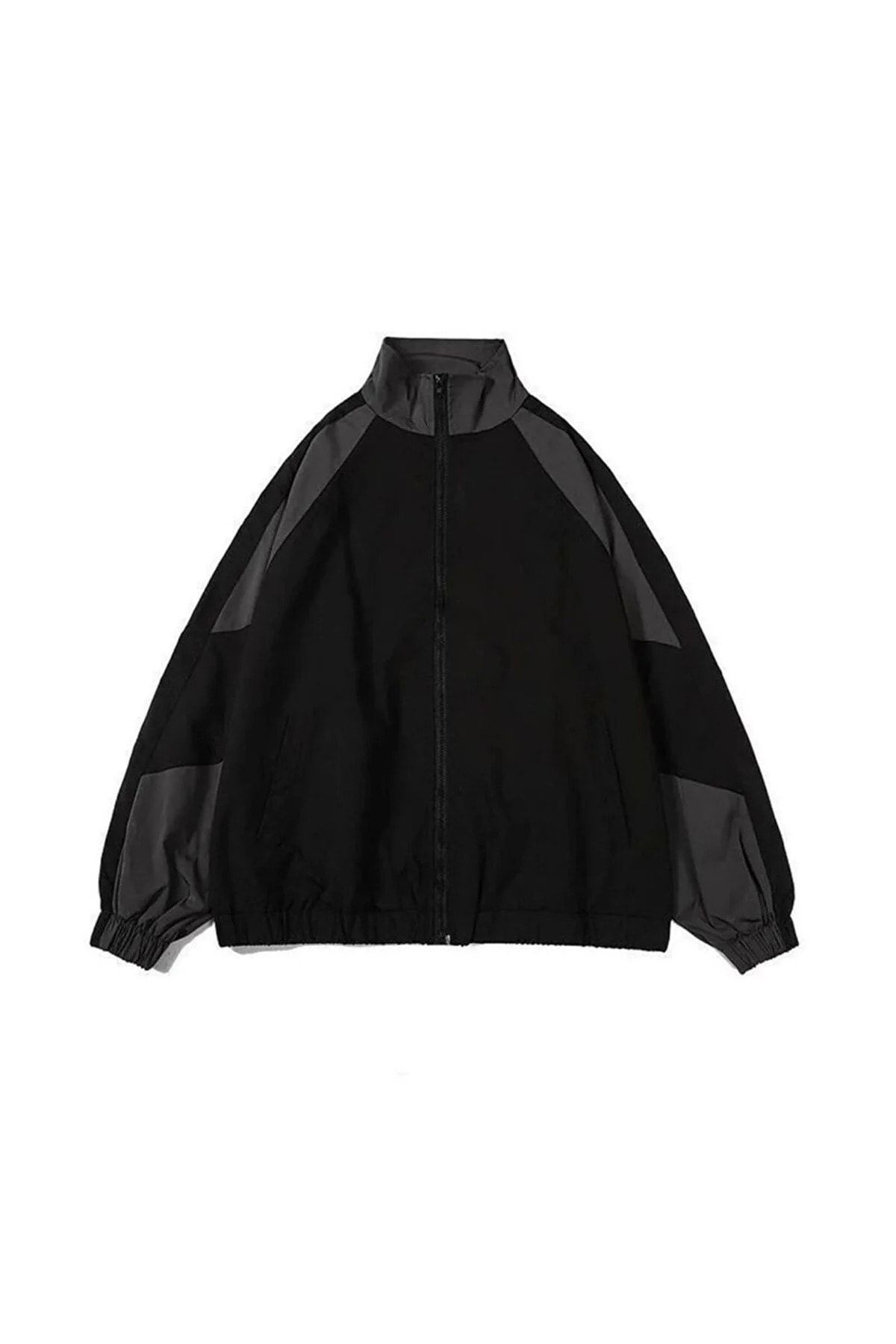 Gofeel Yağmurluk Ceket Paraşüt Kumaş Unisex Oversize Bol Kalıp Siyah-Gri Renkli