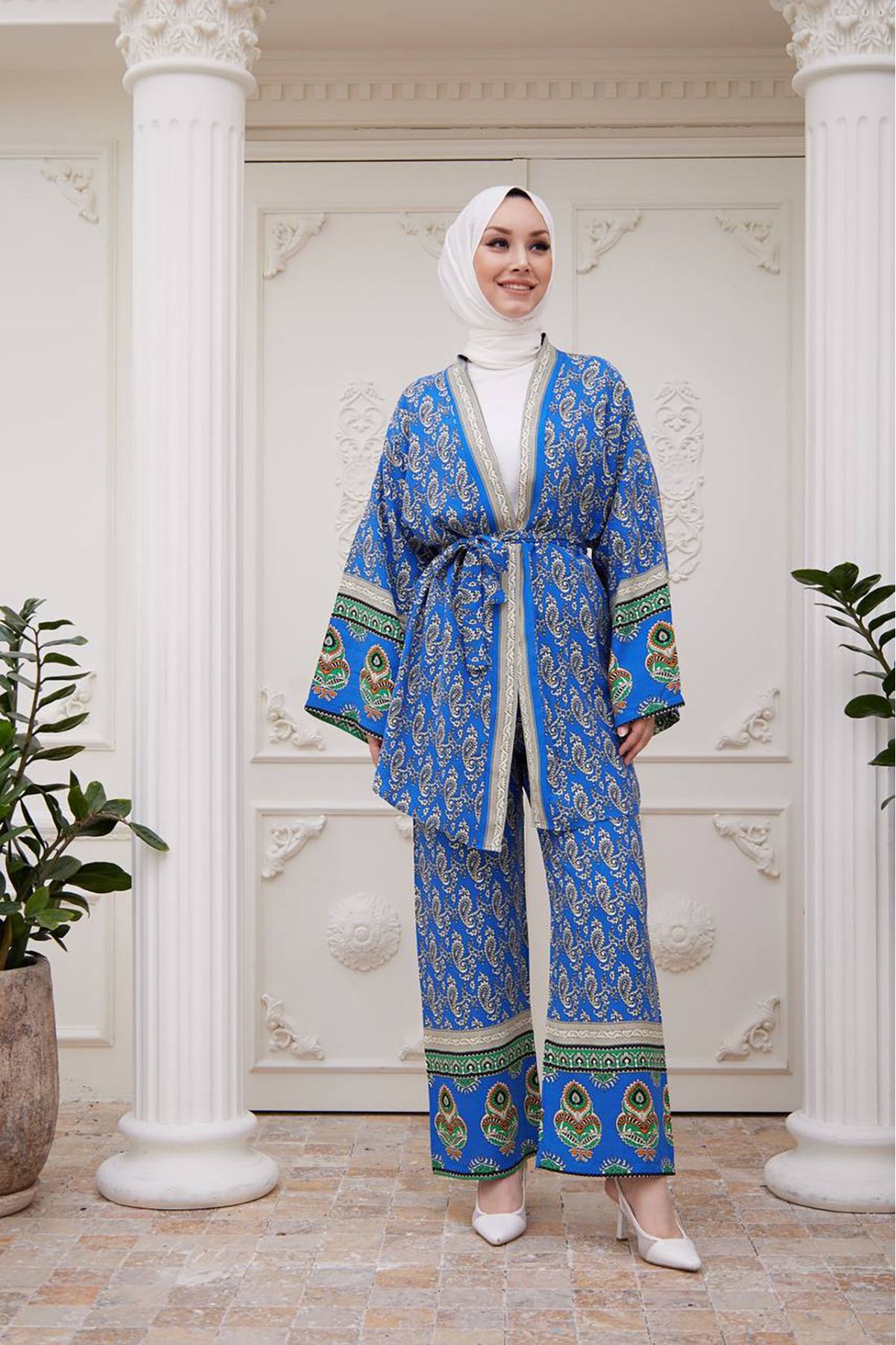 Neşeli Butik kadın ithal kumaş tesettür kimono takım SMS020m  Mavi
