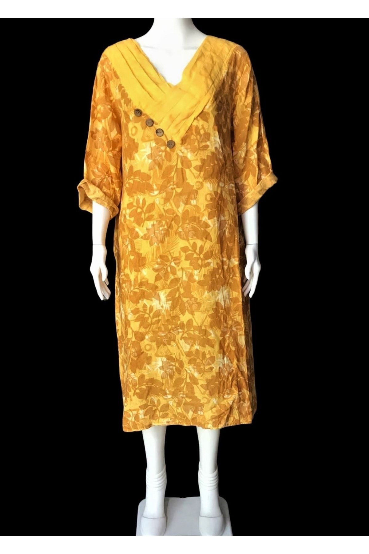 Arven Sarı renk italyan v yaka cepli desenli % 100 keten elbise