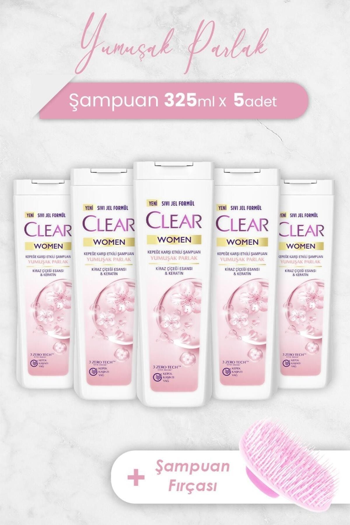 Clear Women Yumuşak Parlak Şampuan 325 ml x 5 Adet ve Şampuan Fırçası