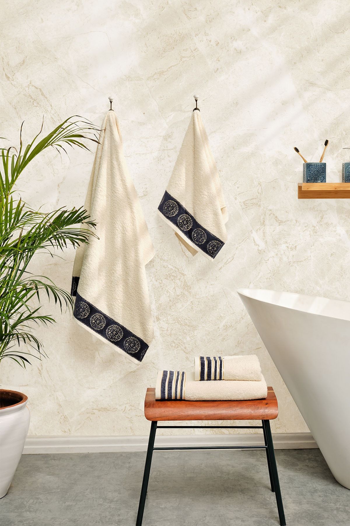 Karaca Home Minka Sonil %100 Pamuk Banyo/yüz Havlusu Hamam Seti Off White/ Lacivert