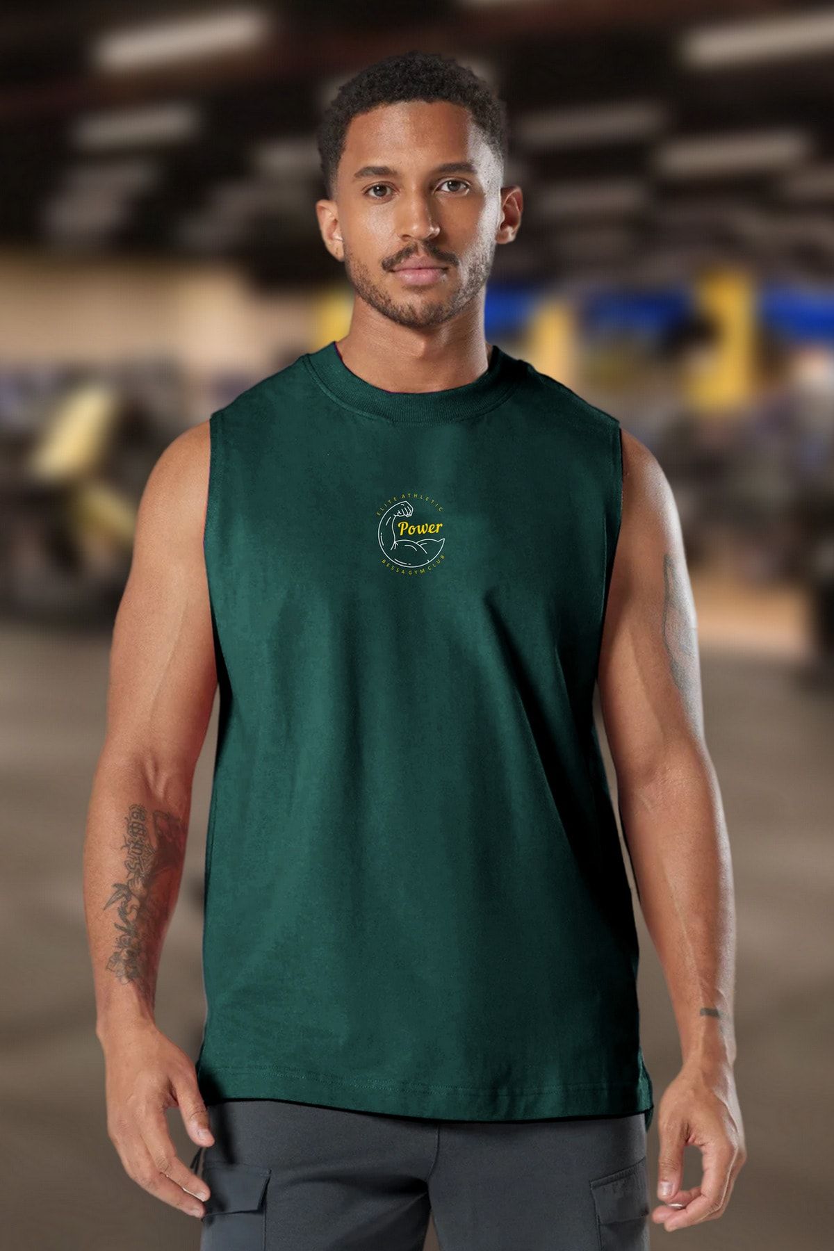 BESSA Erkek Elite Athletic Baskılı Petrol Oversize Bisiklet Yaka Pamuklu Kolsuz T-Shirt/Atlet