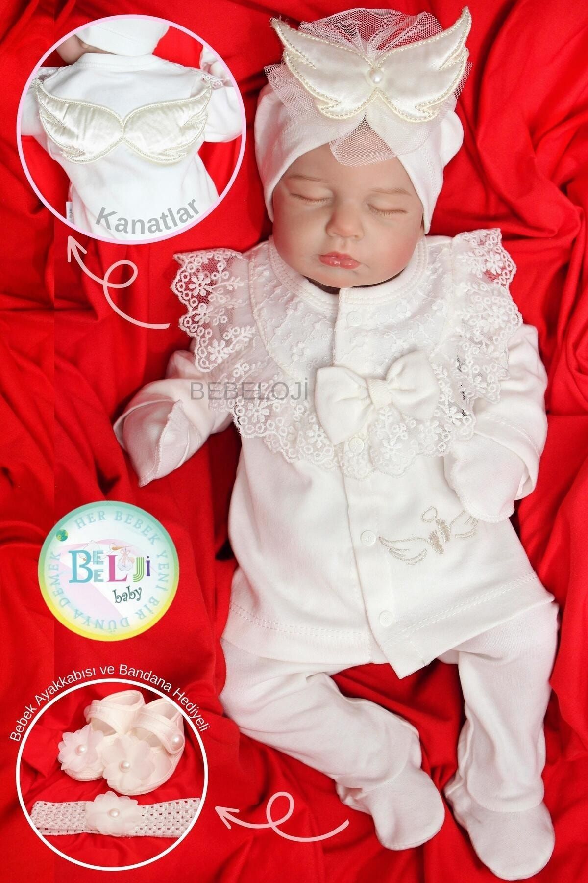 Bebeloji Baby Kız Bebek Dantelli Melek Kanatlı Organik Yenidoğan Hastane Çıkışı 5li Set (ayakkabı,bandana )