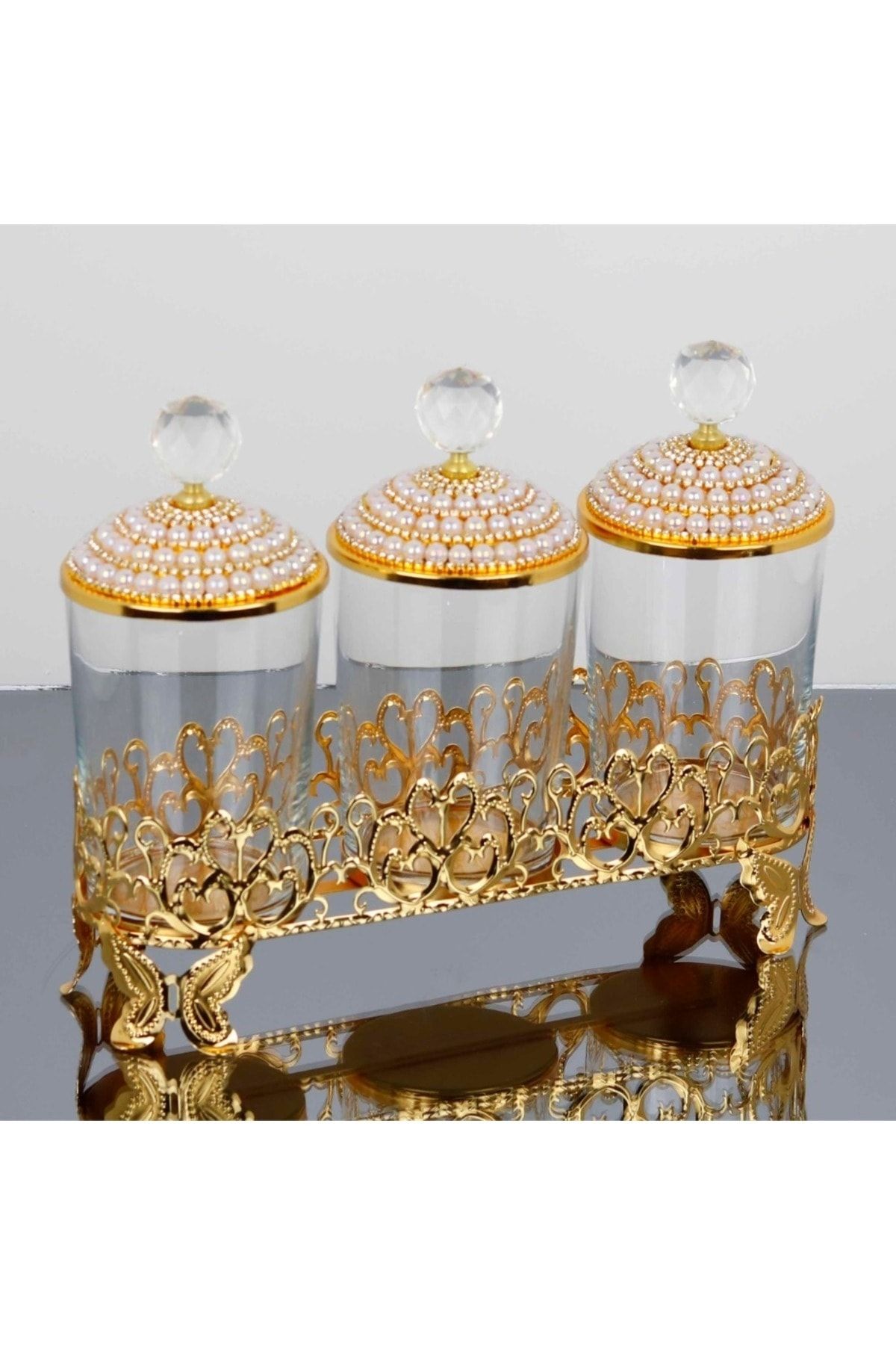 İnova Home Decor Asel Incili 500 Cc Gold Renk Kristal Kulplu Kavanoz Seti