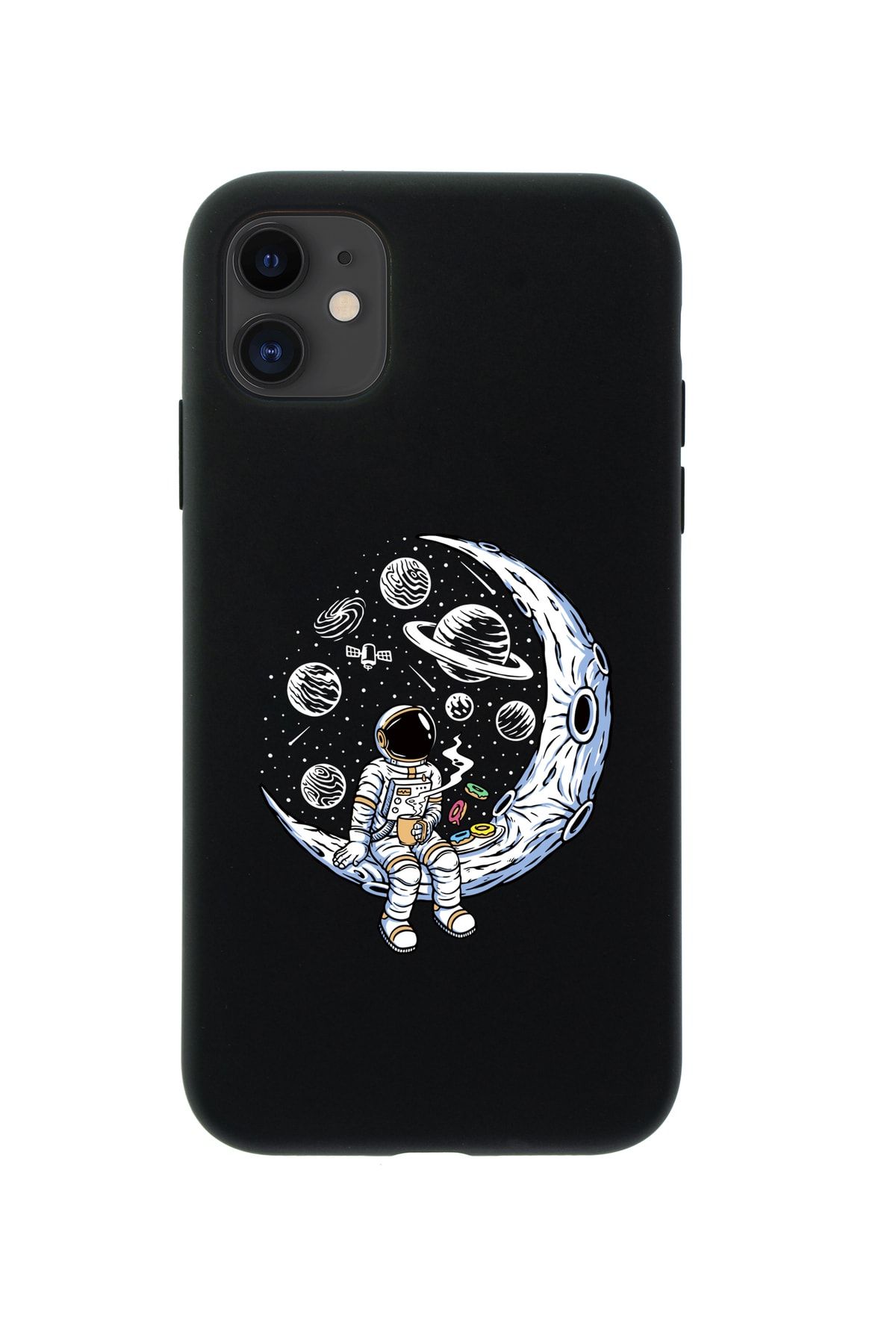 mooodcase Iphone 11 Keyifli Astronot Premium Siyah Lansman Silikonlu Kılıf