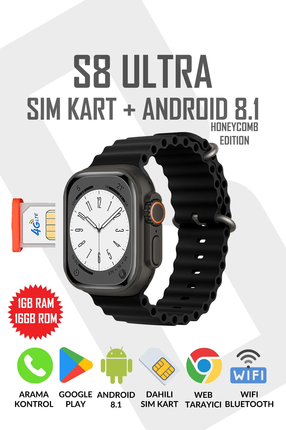 Byrist S8 ULTRA 49MM SIM KART / 4G / LTE / WIFI / Bluetooth / Google Play Destekli Android 8.1 Akıllı Saat