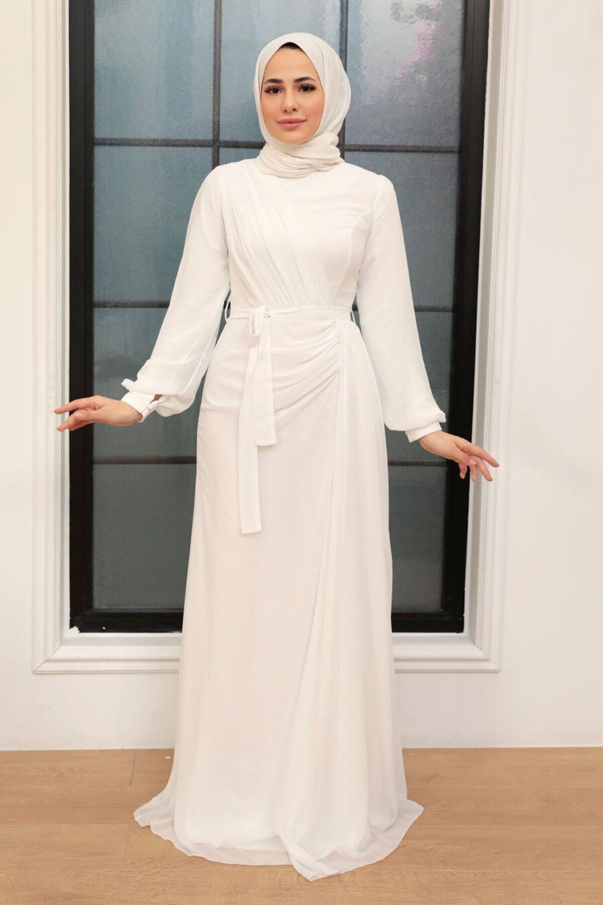 Neva Style Tesettür Abiye Elbise - Drape Detaylı Ekru Tesettür Abiye Elbise 5711e