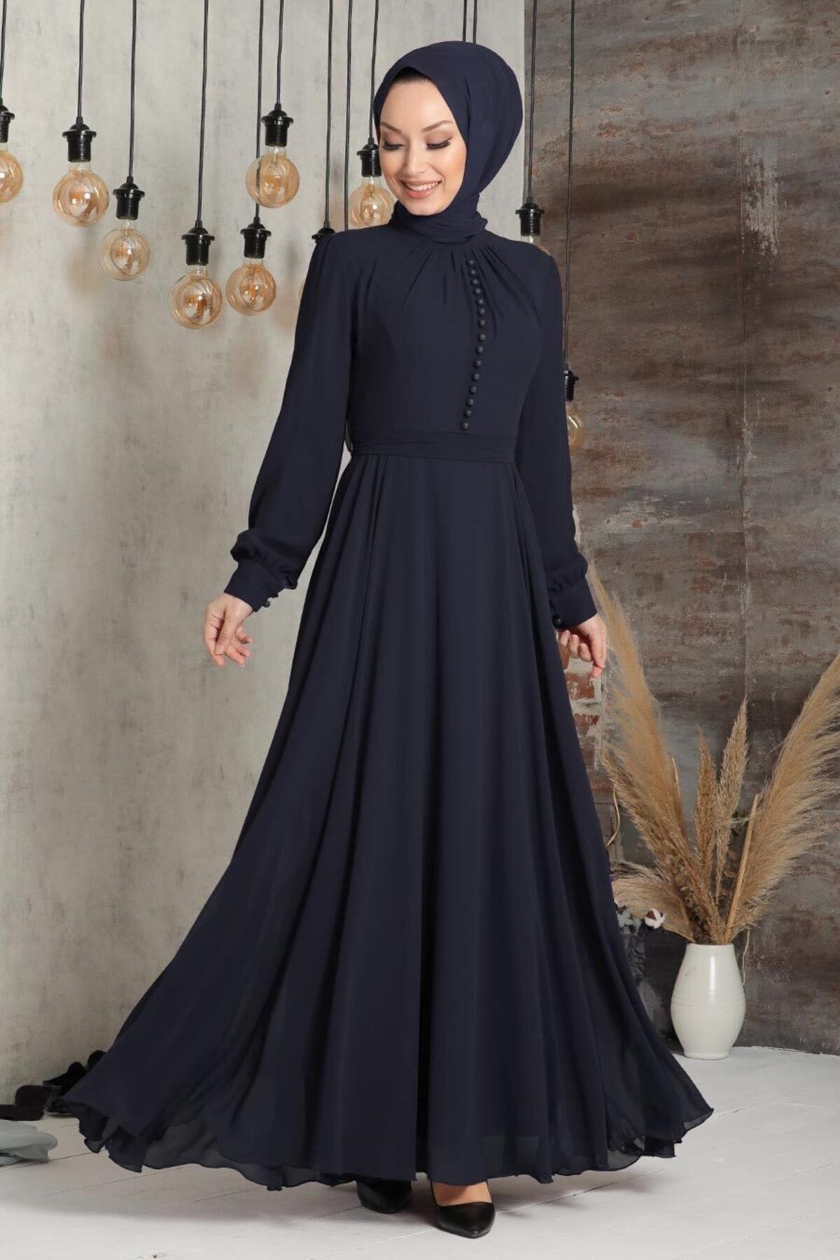 Neva Style - Düğme Detaylı Lacivert Tesettür Elbise 2703l